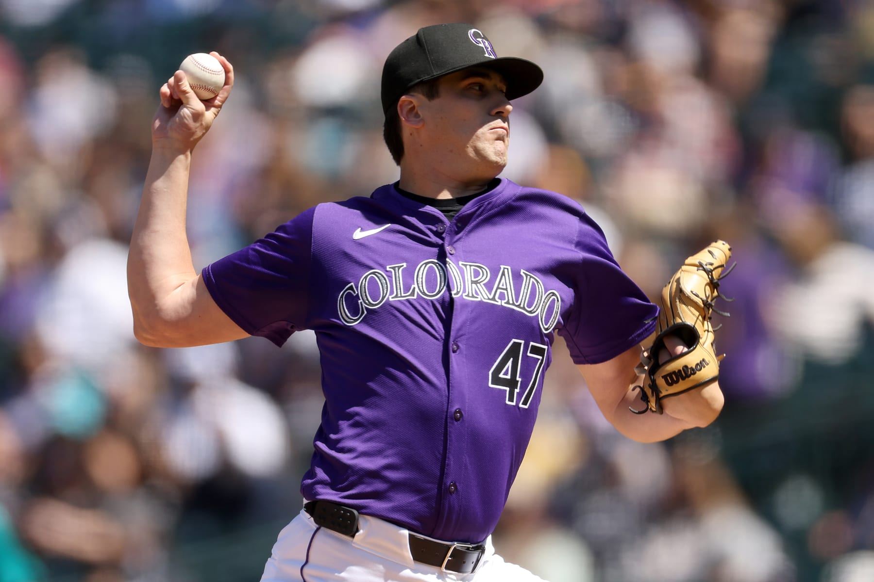 DENVER, COLORADO - APRIL 21: Starting pitcher Cal Quantrill #47 of the Colorado Rockies throws against the Seattle Mariners in the second inning during game one of a double header at Coors Field on April 21, 2024 in Denver, Colorado. (Photo by Matthew Stockman/Getty Images)