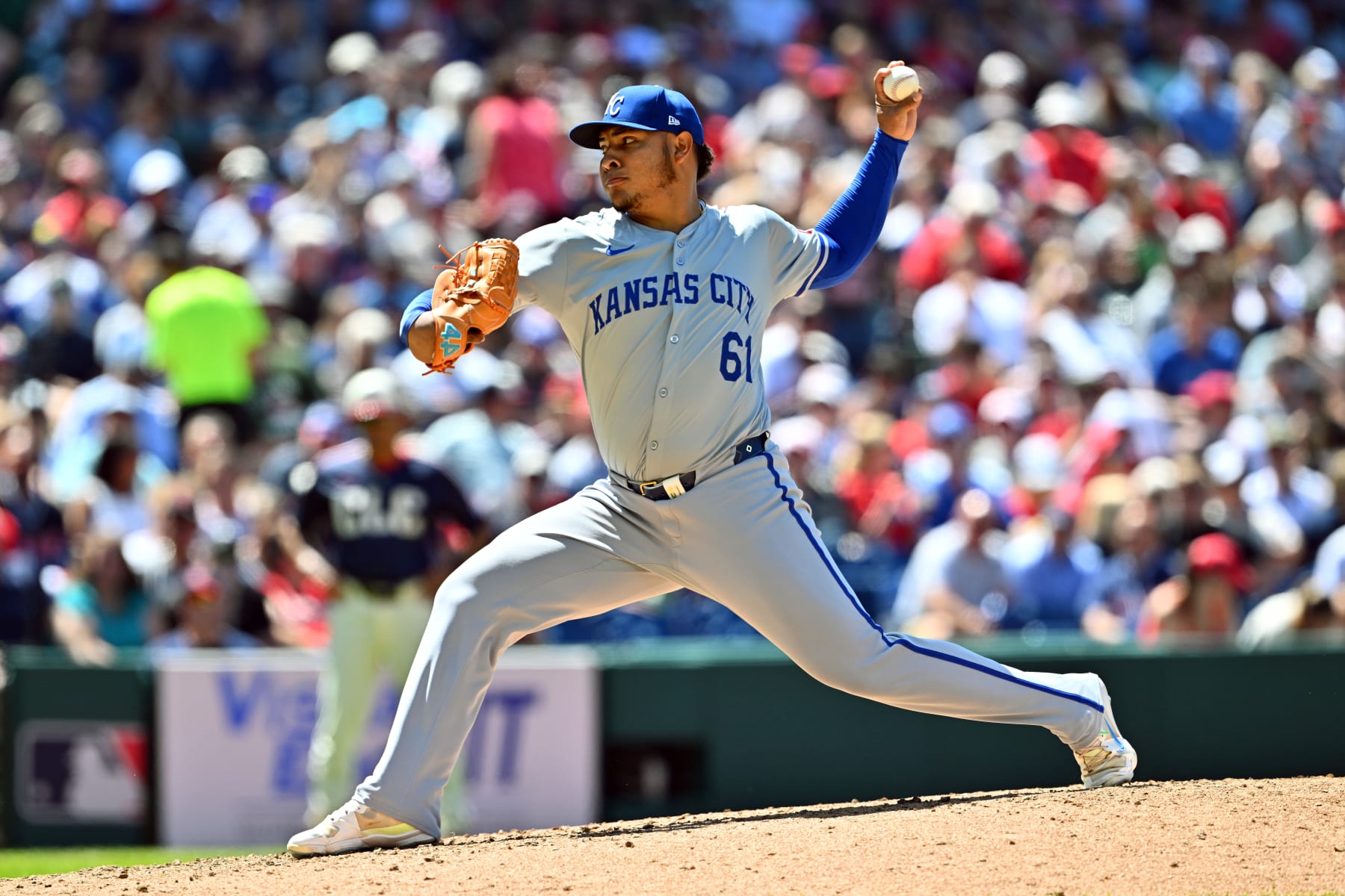 CLEVELAND, OHIO - JUNE 06: Relief pitcher Angel Zerpa #61 of the Kansas City Royals pitches during the seventh inning against the Cleveland Guardians at Progressive Field on June 06, 2024 in Cleveland, Ohio. (Photo by Jason Miller/Getty Images)