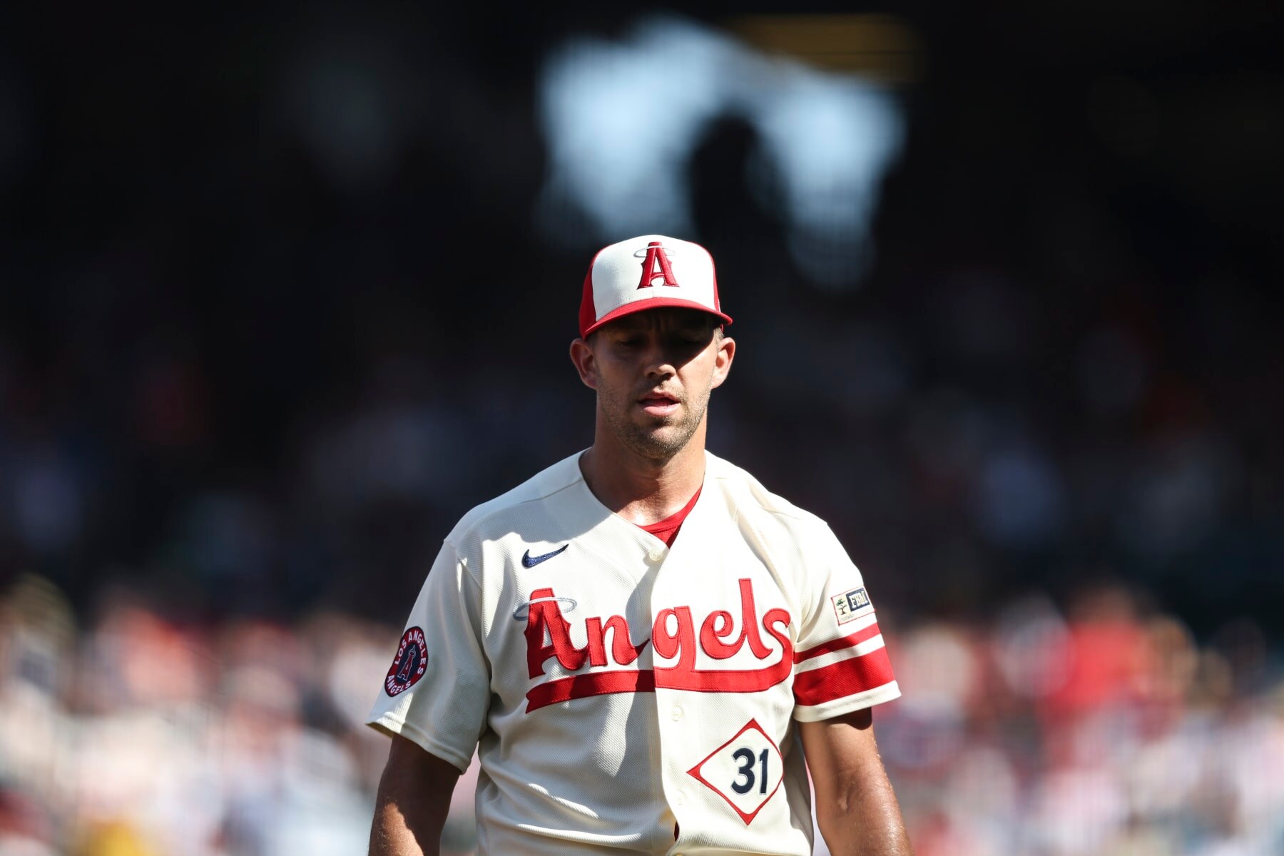 ANAHEIM, CALIFORNIA - JULY 16: Tyler Anderson #31 of the Los Angeles Angels looks on during the first inning of a game against the Houston Astros at Angel Stadium of Anaheim on July 16, 2023 in Anaheim, California. (Photo by Michael Owens/Getty Images)