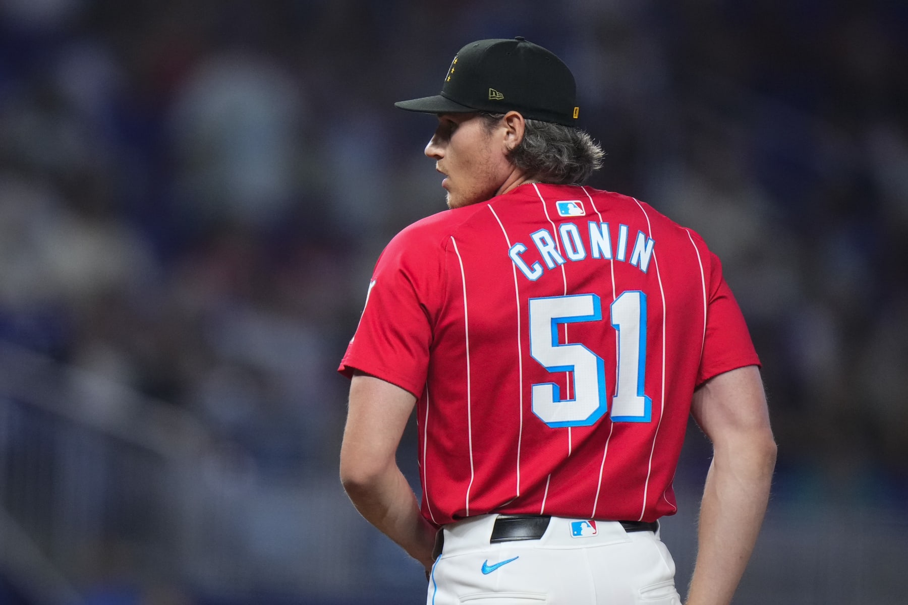 MIAMI, FLORIDA - MAY 18: Declan Cronin #51 of the Miami Marlins looks to throw a pitch during a game against the New York Mets at loanDepot park on May 18, 2024 in Miami, Florida. (Photo by Rich Storry/Getty Images)