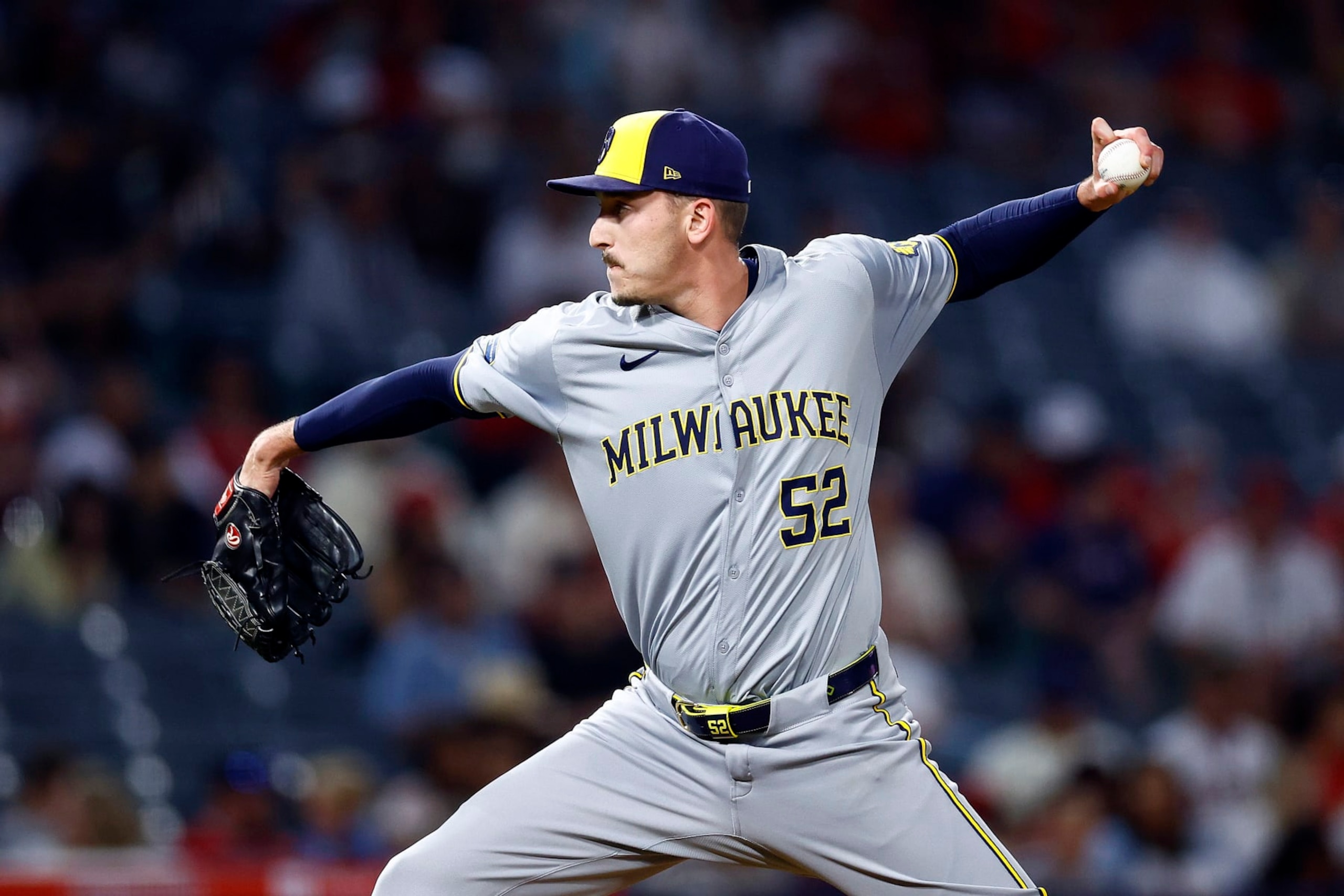 ANAHEIM, CALIFORNIA - JUNE 19: Bryan Hudson #52 of the Milwaukee Brewers throws against the Los Angeles Angels in the seventh inning at Angel Stadium of Anaheim on June 19, 2024 in Anaheim, California. (Photo by Ronald Martinez/Getty Images) ANAHEIM, CALIFORNIA - JUNE 19: Bryan Hudson #52 of the Milwaukee Brewers throws against the Los Angeles Angels in the seventh inning at Angel Stadium of Anaheim on June 19, 2024 in Anaheim, California. (Photo by Ronald Martinez/Getty Images)