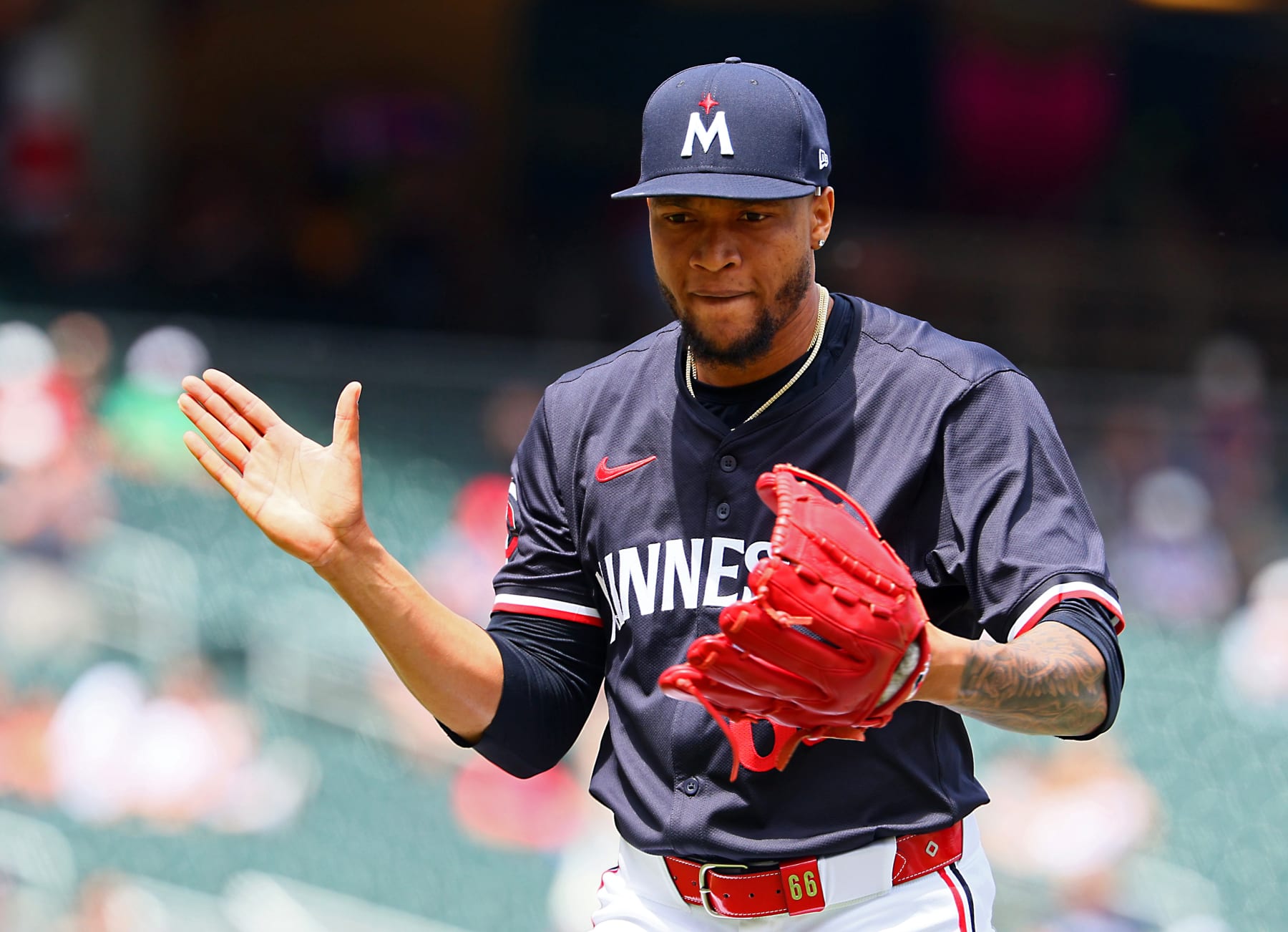 MINNEAPOLIS, MINNESOTA - MAY 30: Jorge Alcala #66 of the Minnesota Twins reacts to a strike out during a game against the Kansas City Royals at Target Field on May 30, 2024 in Minneapolis, Minnesota. The Minnesota Twins defeated the Kansas City Royals 7-6.(Photo by Adam Bettcher/Getty Images)