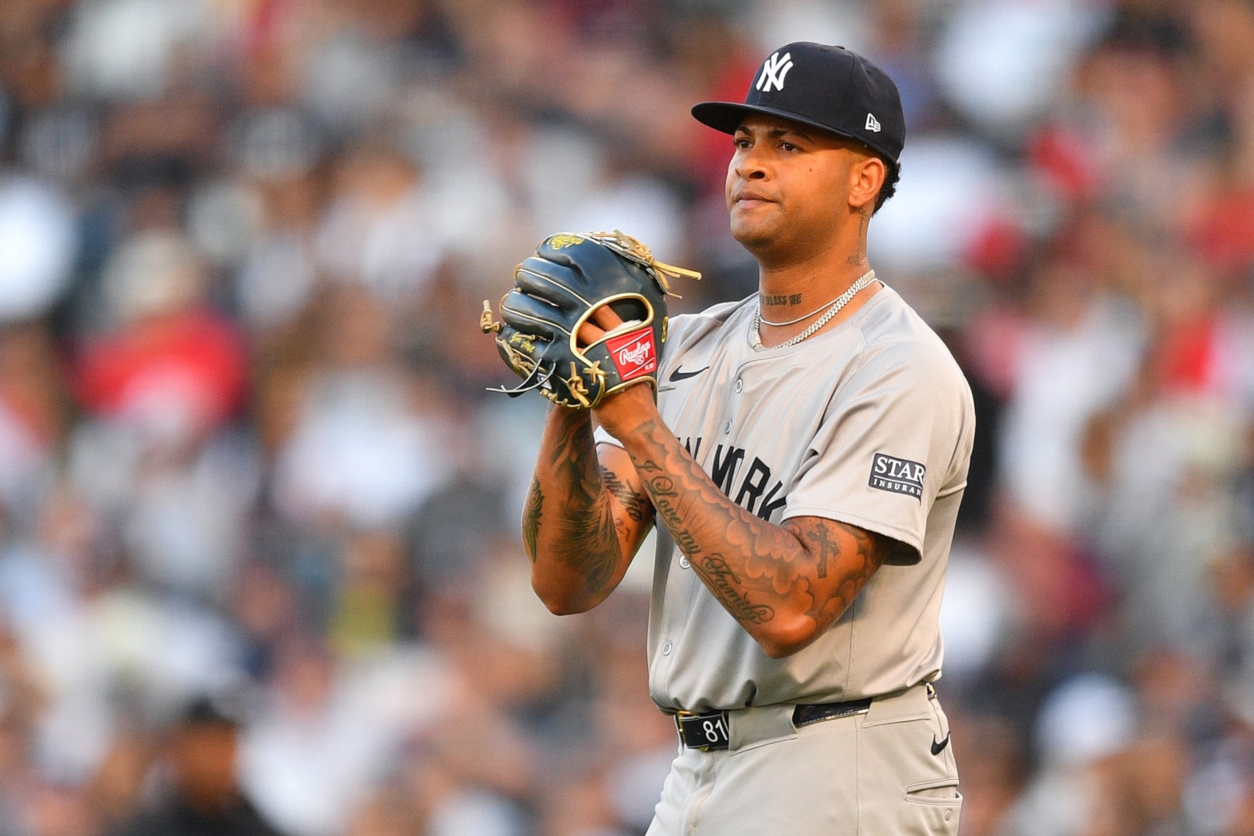 ANAHEIM, CA - MAY 29: New York Yankees pitcher Luis Gil (81) looks on during the MLB game between the New York Yankees and the Los Angeles Angels of Anaheim on May 29, 2024 at Angel Stadium of Anaheim in Anaheim, CA. (Photo by Brian Rothmuller/Icon Sportswire via Getty Images) ANAHEIM, CA - MAY 29: New York Yankees pitcher Luis Gil (81) looks on during the MLB game between the New York Yankees and the Los Angeles Angels of Anaheim on May 29, 2024 at Angel Stadium of Anaheim in Anaheim, CA. (Photo by Brian Rothmuller/Icon Sportswire via Getty Images)