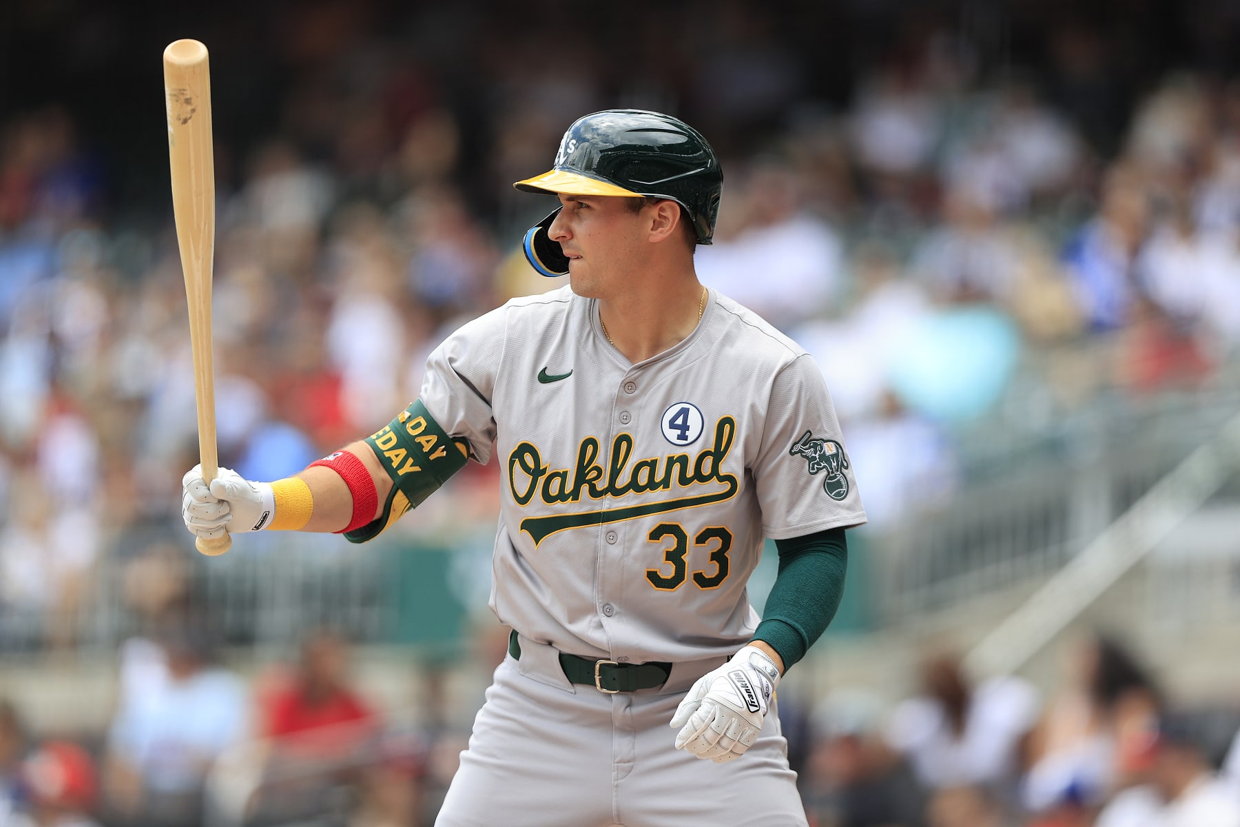 ATLANTA, GA - JUNE 01: Oakland Athletics center fielder JJ Bleday #33 bats during the Saturday afternoon MLB game between the Atlanta Braves and the Oakland A's on June 1, 2024 at Truist Park in Atlanta, Georgia.  (Photo by David J. Griffin/Icon Sportswire via Getty Images)