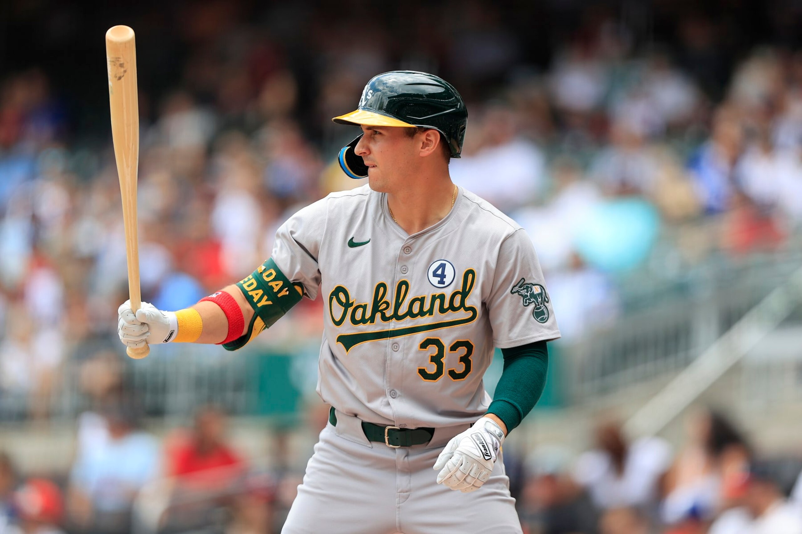 ATLANTA, GA - JUNE 01: Oakland Athletics center fielder JJ Bleday #33 bats during the Saturday afternoon MLB game between the Atlanta Braves and the Oakland A's on June 1, 2024 at Truist Park in Atlanta, Georgia. (Photo by David J. Griffin/Icon Sportswire via Getty Images) ATLANTA, GA - JUNE 01: Oakland Athletics center fielder JJ Bleday #33 bats during the Saturday afternoon MLB game between the Atlanta Braves and the Oakland A's on June 1, 2024 at Truist Park in Atlanta, Georgia. (Photo by David J. Griffin/Icon Sportswire via Getty Images)