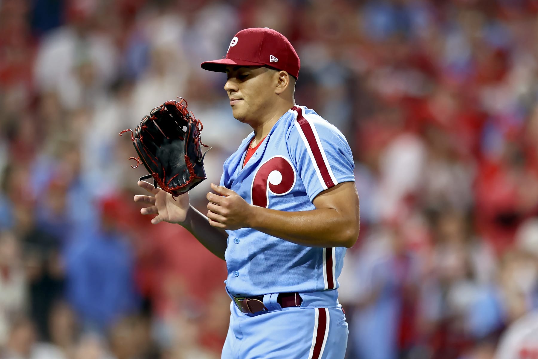 PHILADELPHIA, PENNSYLVANIA - OCTOBER 12: Ranger Suárez #55 of the Philadelphia Phillies walks off the field after getting the third out in the first inning against the Atlanta Braves during Game Four of the Division Series at Citizens Bank Park on October 12, 2023 in Philadelphia, Pennsylvania. (Photo by Tim Nwachukwu/Getty Images)