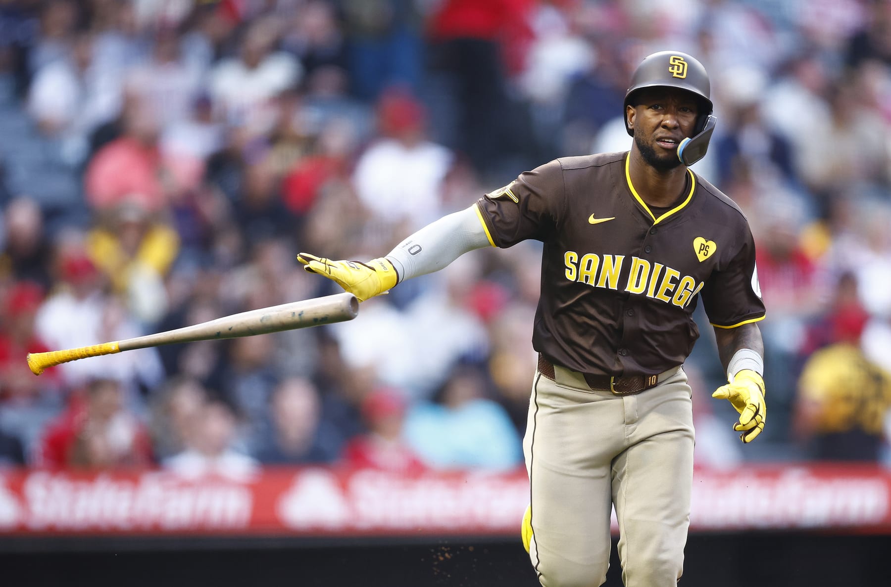 ANAHEIM, CALIFORNIA - JUNE 03:   Jurickson Profar #10 of the San Diego Padres at Angel Stadium of Anaheim on June 03, 2024 in Anaheim, California. (Photo by Ronald Martinez/Getty Images)