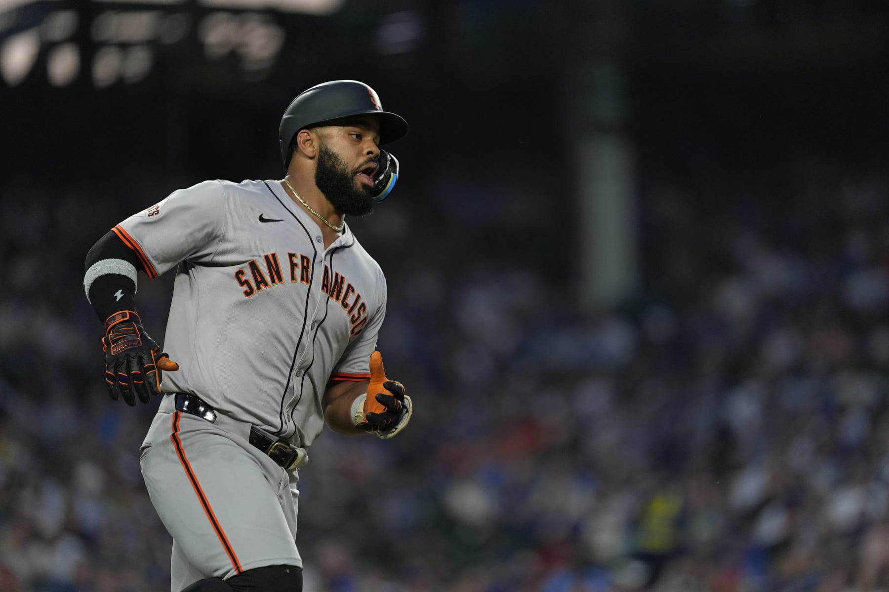 CHICAGO, ILLINOIS - JUNE 17: Heliot Ramos #17 of the San Francisco Giants singles in the top of the fifth inning against the Chicago Cubs at Wrigley Field on June 17, 2024 in Chicago, Illinois. (Photo by Andy Kuno/San Francisco Giants/Getty Images)