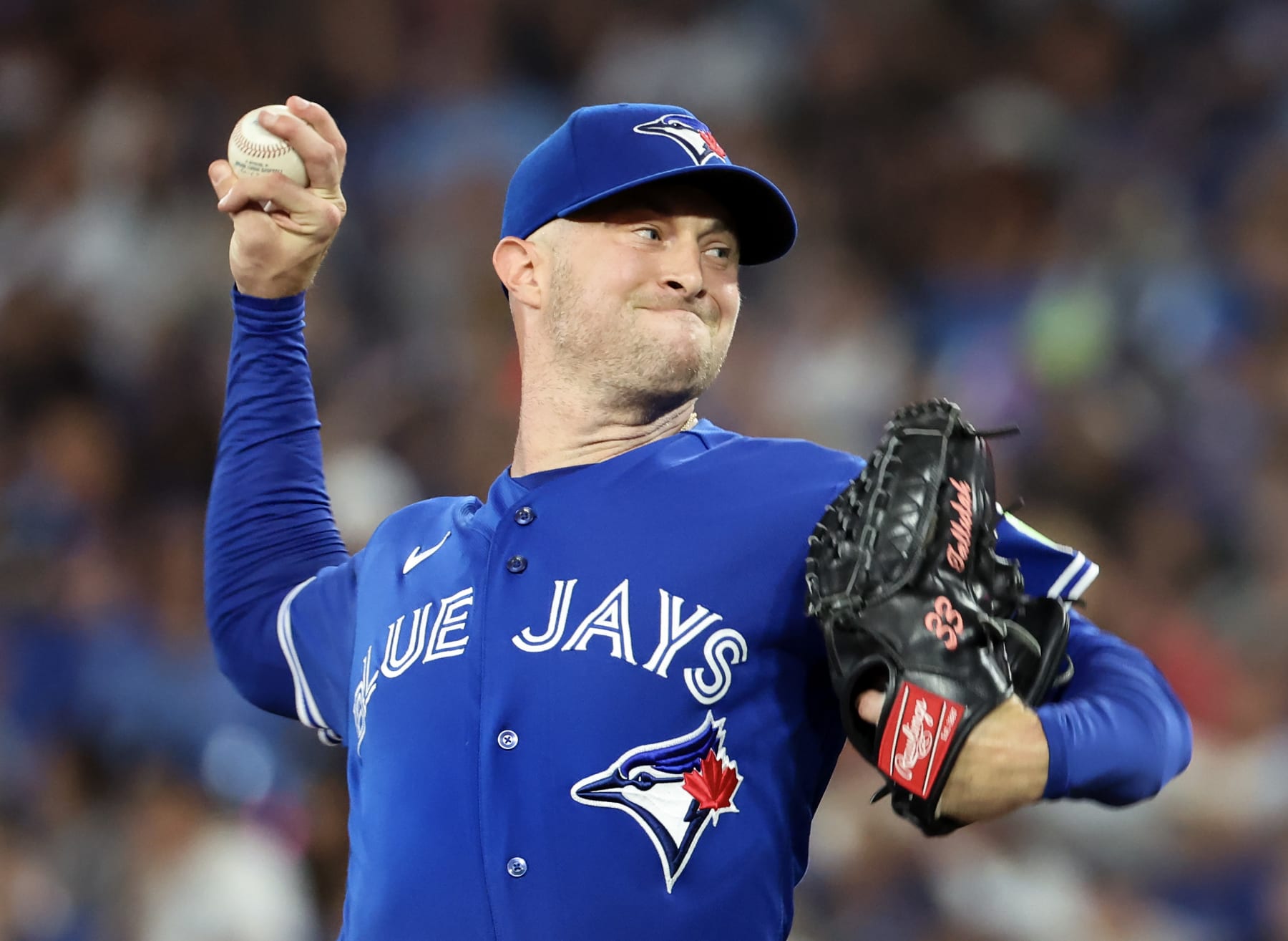 TORONTO, ON - August 26   Toronto Blue Jays relief pitcher Trevor Richards (33) throws a changeup in the 8th inning.
The Toronto Blue Jays beat the Cleveland Guardians 8-3 in MLB baseball action at the Rogers Centre. 
August 26 2023        (Richard Lautens/Toronto Star via Getty Images)