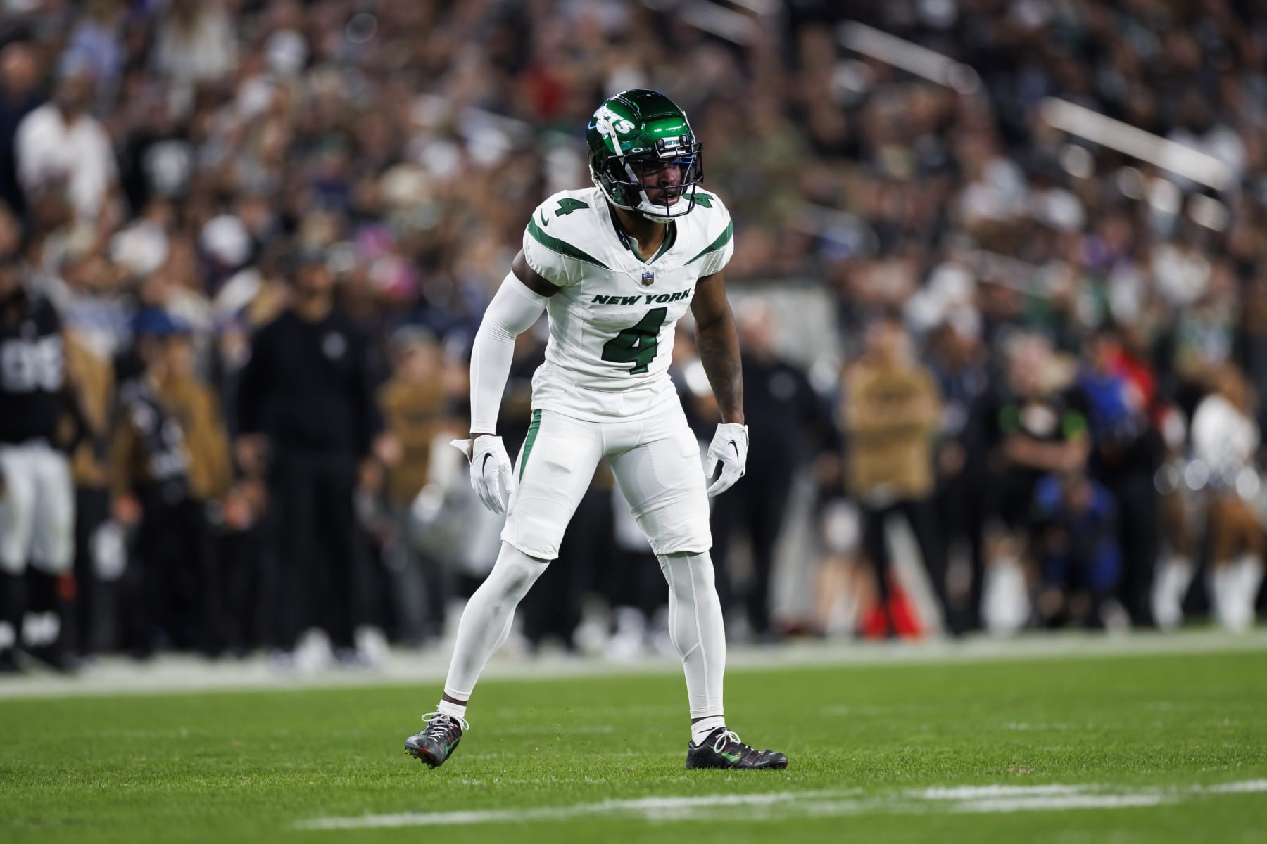 LAS VEGAS, NEVADA - NOVEMBER 12: D.J. Reed #4 of the New York Jets defends in coverage during an NFL football game against the Las Vegas Raiders at Allegiant Stadium  on November 12, 2023 in Las Vegas, Nevada. (Photo by Ryan Kang/Getty Images)