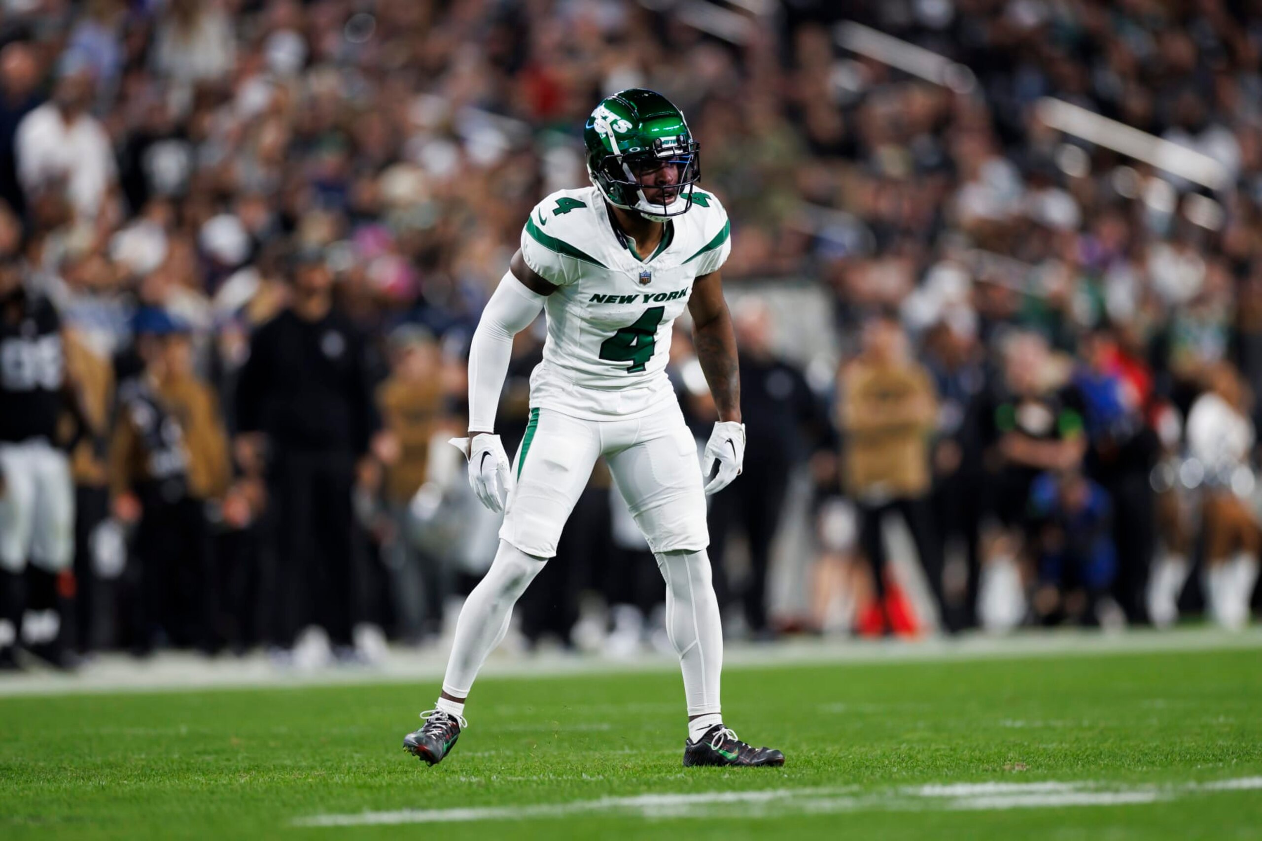 LAS VEGAS, NEVADA - NOVEMBER 12: D.J. Reed #4 of the New York Jets defends in coverage during an NFL football game against the Las Vegas Raiders at Allegiant Stadium  on November 12, 2023 in Las Vegas, Nevada. (Photo by Ryan Kang/Getty Images)