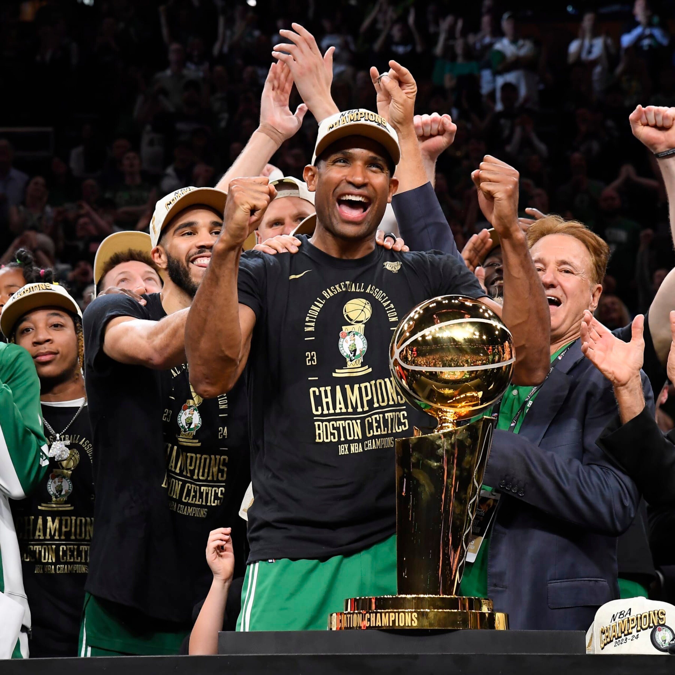 BOSTON, MA - JUNE 17: Al Horford #42 of the Boston Celtics of the Boston Celtics celebrates with the Larry O'Brien Trophy after the game against the Dallas Mavericks during Game 5 of the 2024 NBA Finals on June 17, 2024 at the TD Garden in Boston, Massachusetts. NOTE TO USER: User expressly acknowledges and agrees that, by downloading and or using this photograph, User is consenting to the terms and conditions of the Getty Images License Agreement. Mandatory Copyright Notice: Copyright 2024 NBAE  (Photo by Brian Babineau/NBAE via Getty Images)