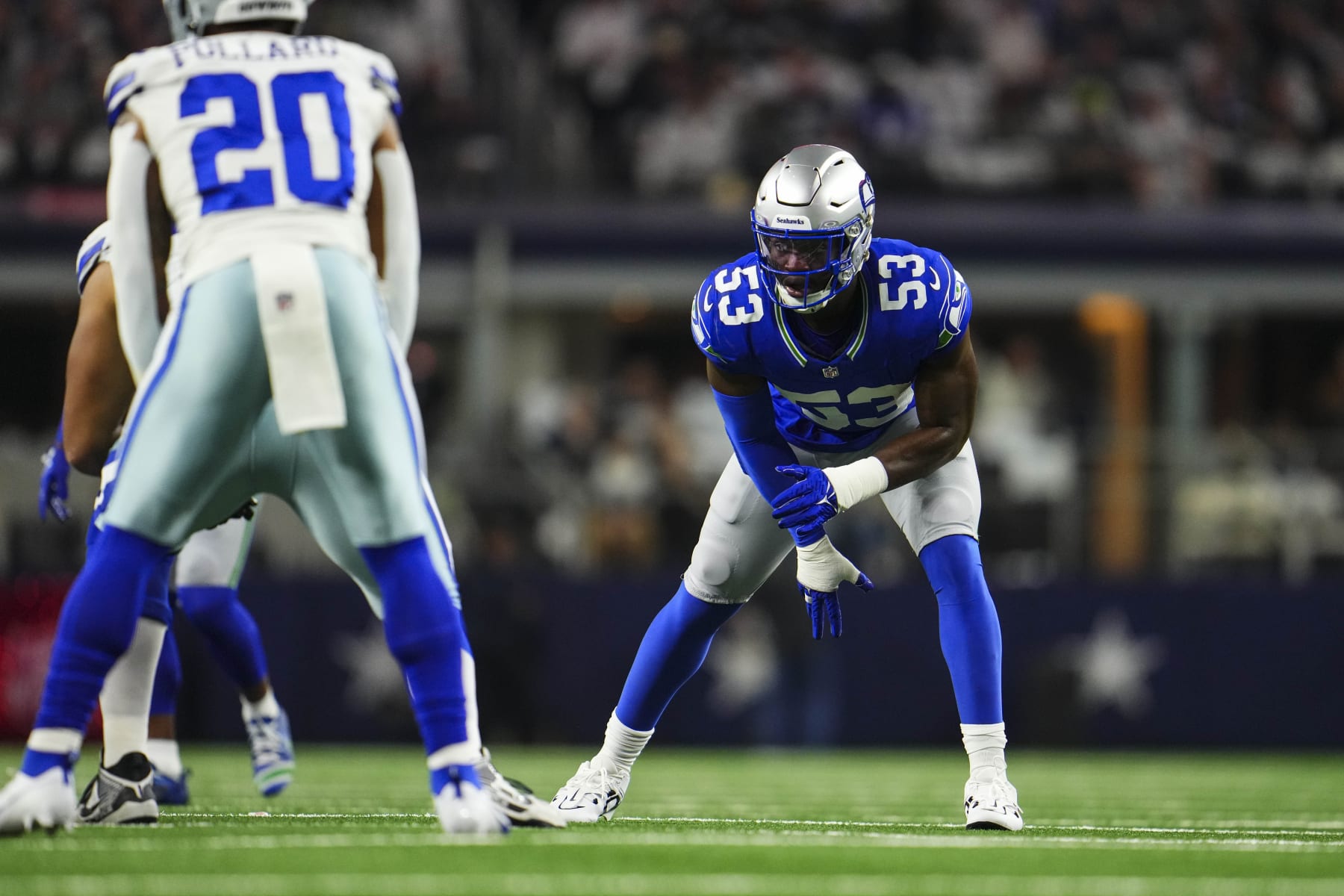 ARLINGTON, TX - NOVEMBER 30: Boye Mafe #53 of the Seattle Seahawks lines up during an NFL football game against the Dallas Cowboys at AT&T Stadium on November 30, 2023 in Arlington, Texas. (Photo by Cooper Neill/Getty Images)