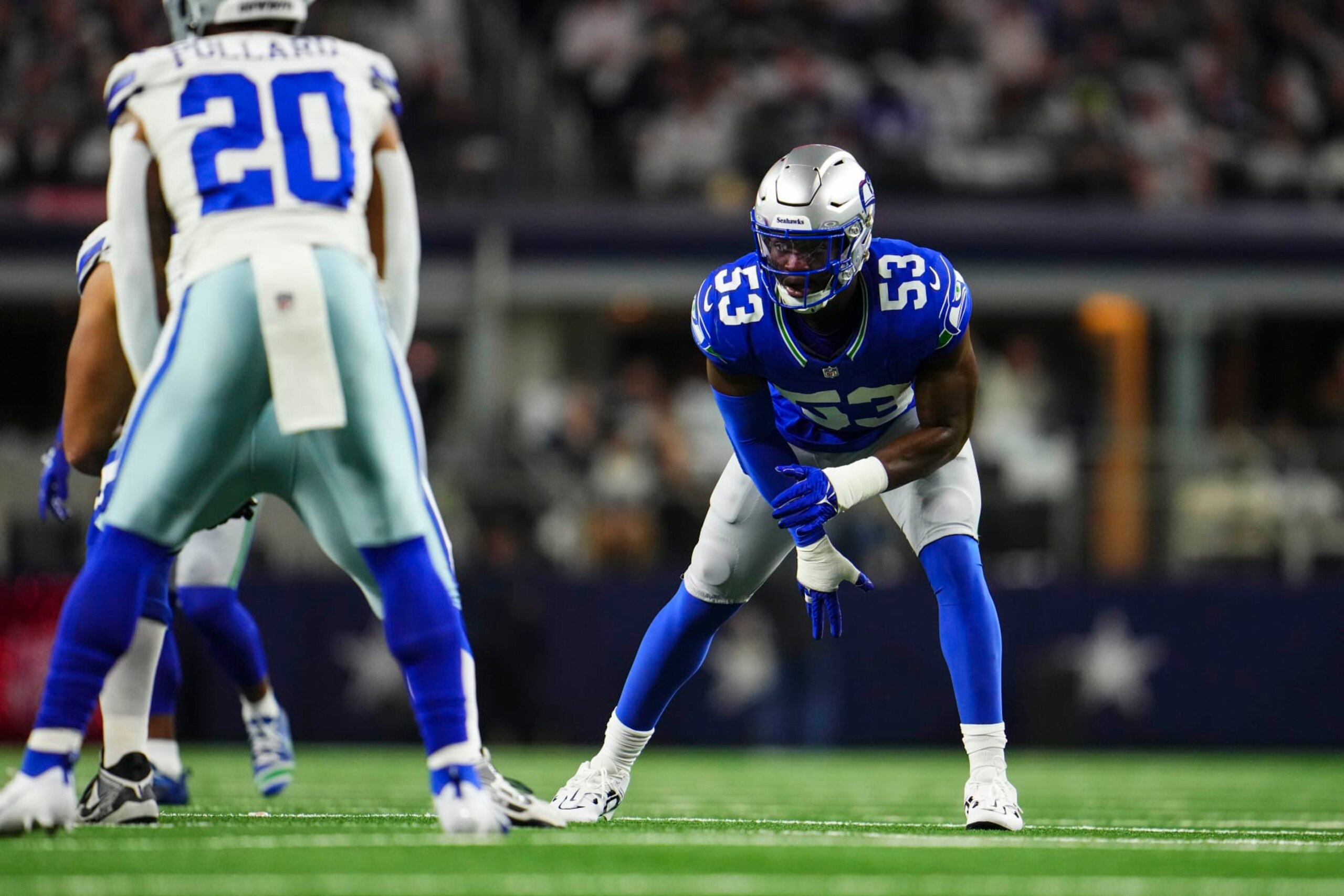 ARLINGTON, TX - NOVEMBER 30: Boye Mafe #53 of the Seattle Seahawks lines up during an NFL football game against the Dallas Cowboys at AT&T Stadium on November 30, 2023 in Arlington, Texas. (Photo by Cooper Neill/Getty Images)