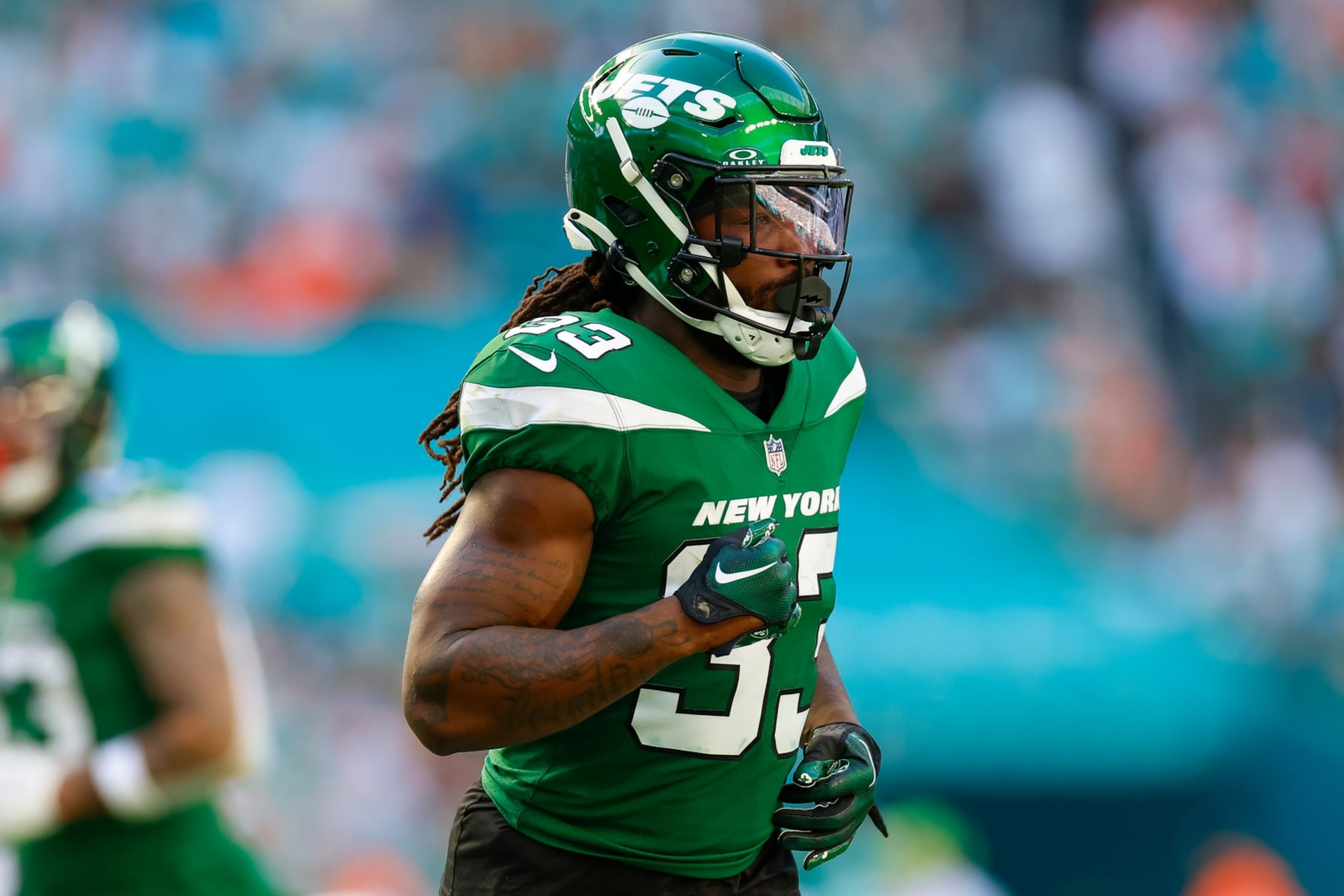 MIAMI GARDENS, FLORIDA - DECEMBER 17: Dalvin Cook #33 of the New York Jets looks on during a game against the Miami Dolphins at Hard Rock Stadium on December 17, 2023 in Miami Gardens, Florida. (Photo by Brandon Sloter/Image Of Sport/Getty Images)