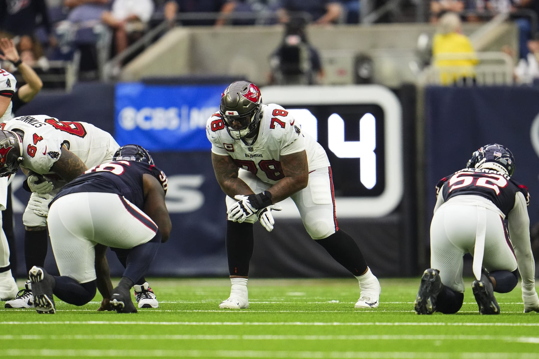 HOUSTON, TX - NOVEMBER 05: Tristan Wirfs #78 of the Tampa Bay Buccaneers lines up during an NFL football game against the Houston Texans at NRG Stadium on November 5, 2023 in Houston, Texas. (Photo by Cooper Neill/Getty Images)