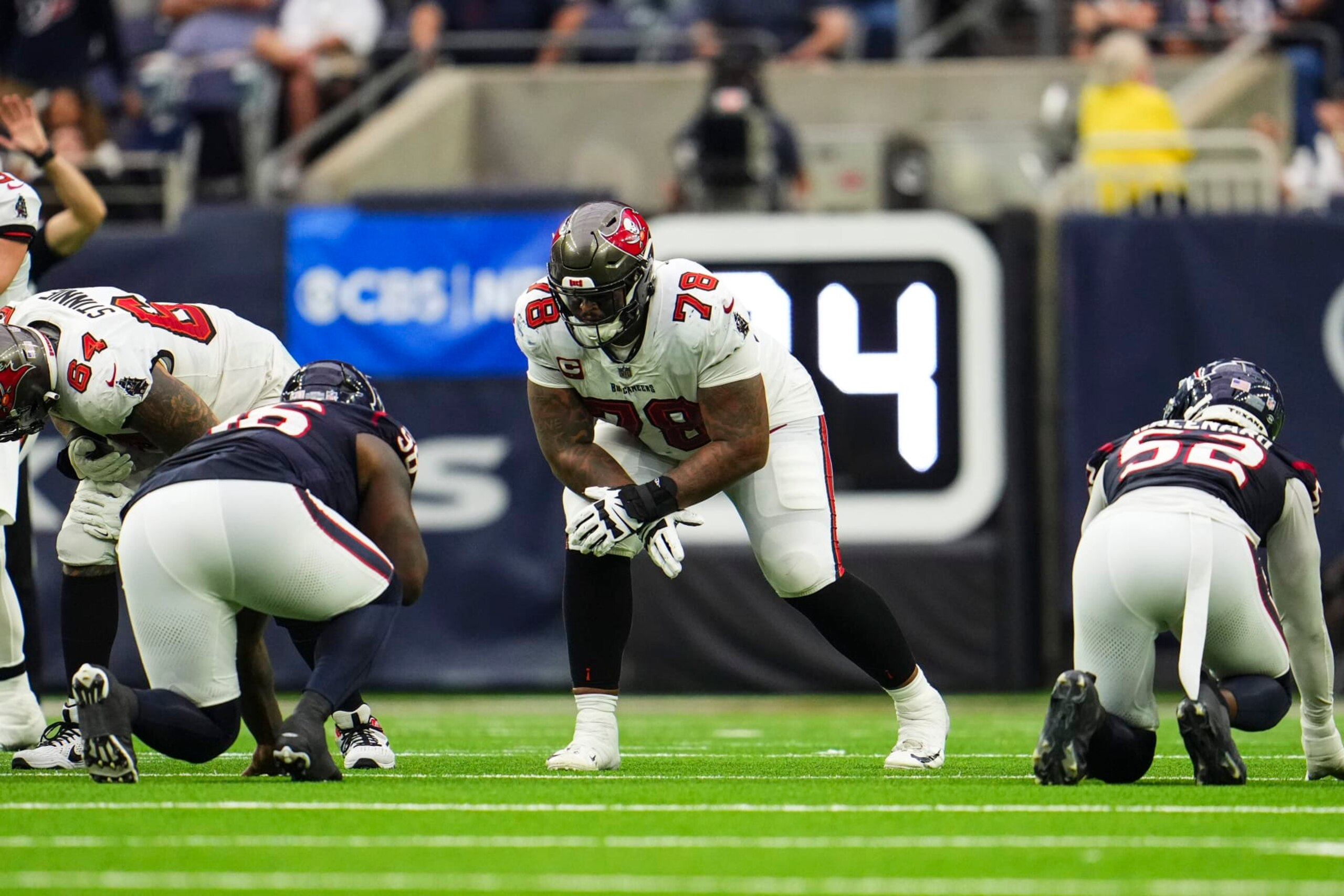 HOUSTON, TX - NOVEMBER 05: Tristan Wirfs #78 of the Tampa Bay Buccaneers lines up during an NFL football game against the Houston Texans at NRG Stadium on November 5, 2023 in Houston, Texas. (Photo by Cooper Neill/Getty Images)