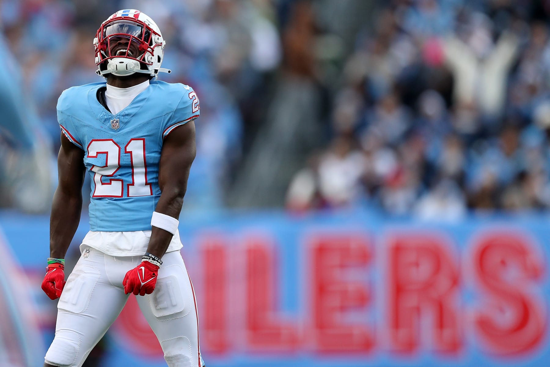NASHVILLE, TENNESSEE - DECEMBER 17: Roger McCreary #21 of the Tennessee Titans reacts after play during the second half against the Houston Texans at Nissan Stadium on December 17, 2023 in Nashville, Tennessee. (Photo by Justin Ford/Getty Images)