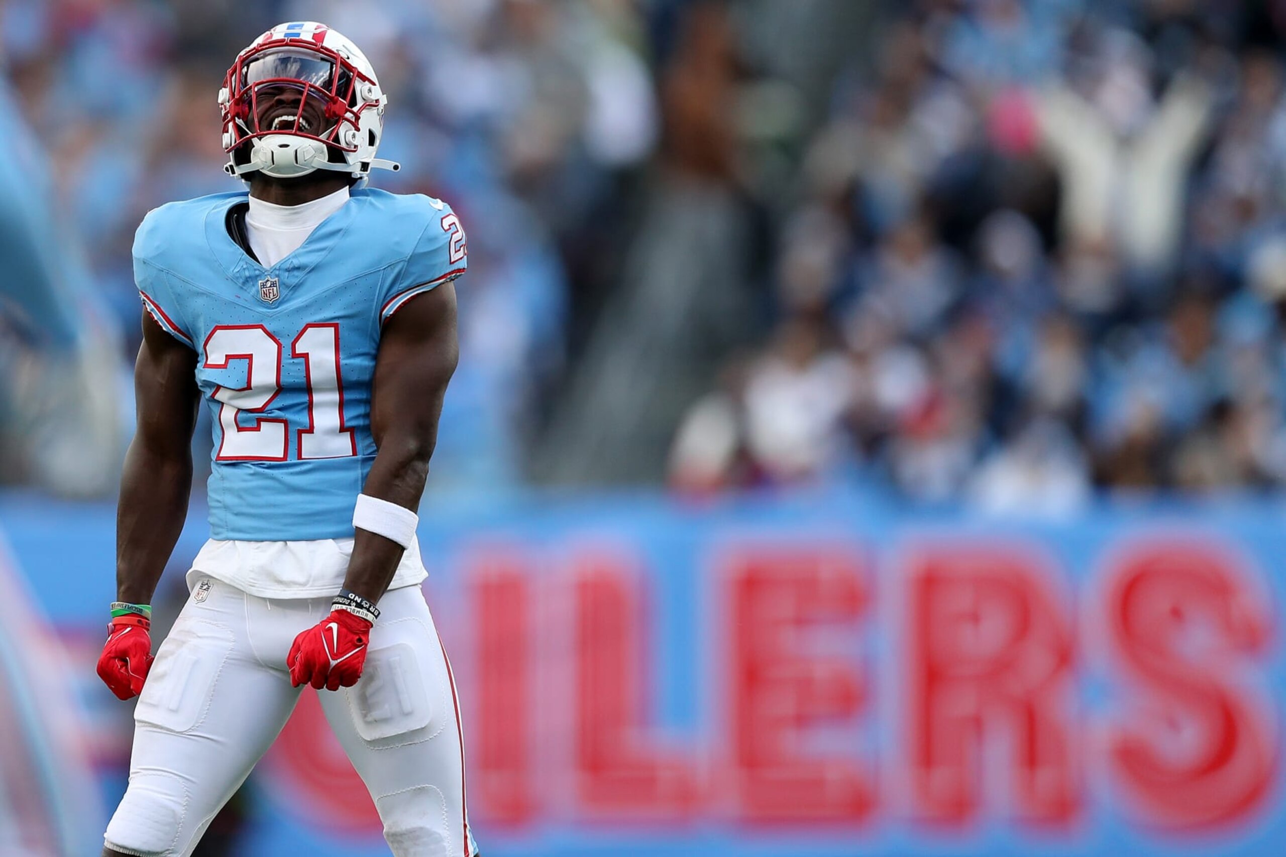 NASHVILLE, TENNESSEE - DECEMBER 17: Roger McCreary #21 of the Tennessee Titans reacts after play during the second half against the Houston Texans at Nissan Stadium on December 17, 2023 in Nashville, Tennessee. (Photo by Justin Ford/Getty Images)