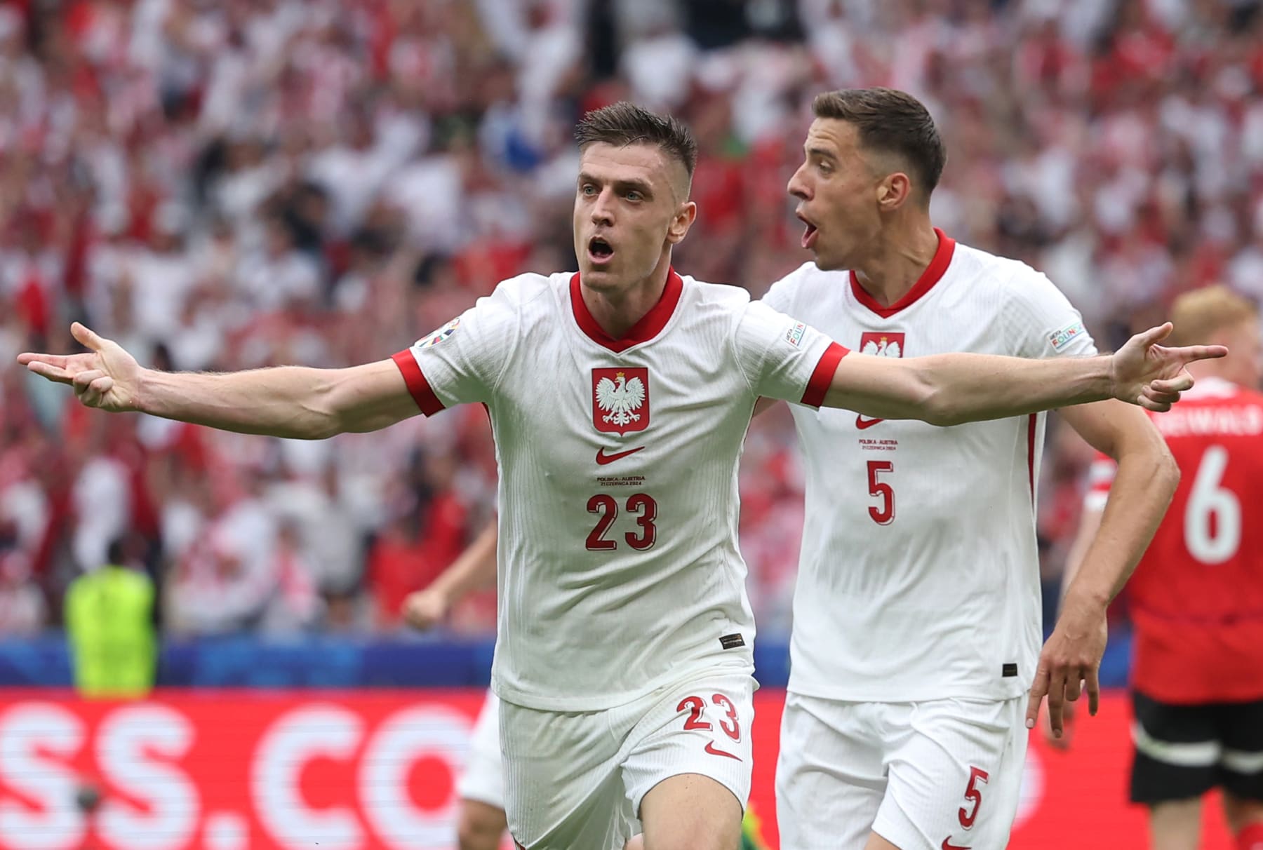 BERLIN, GERMANY - JUNE 21: Krzysztof Piatek of Poland celebrates scoring his team's first goal during the UEFA EURO 2024 group stage match between Poland and Austria at Olympiastadion on June 21, 2024 in Berlin, Germany. (Photo by Joosep Martinson - UEFA/UEFA via Getty Images)