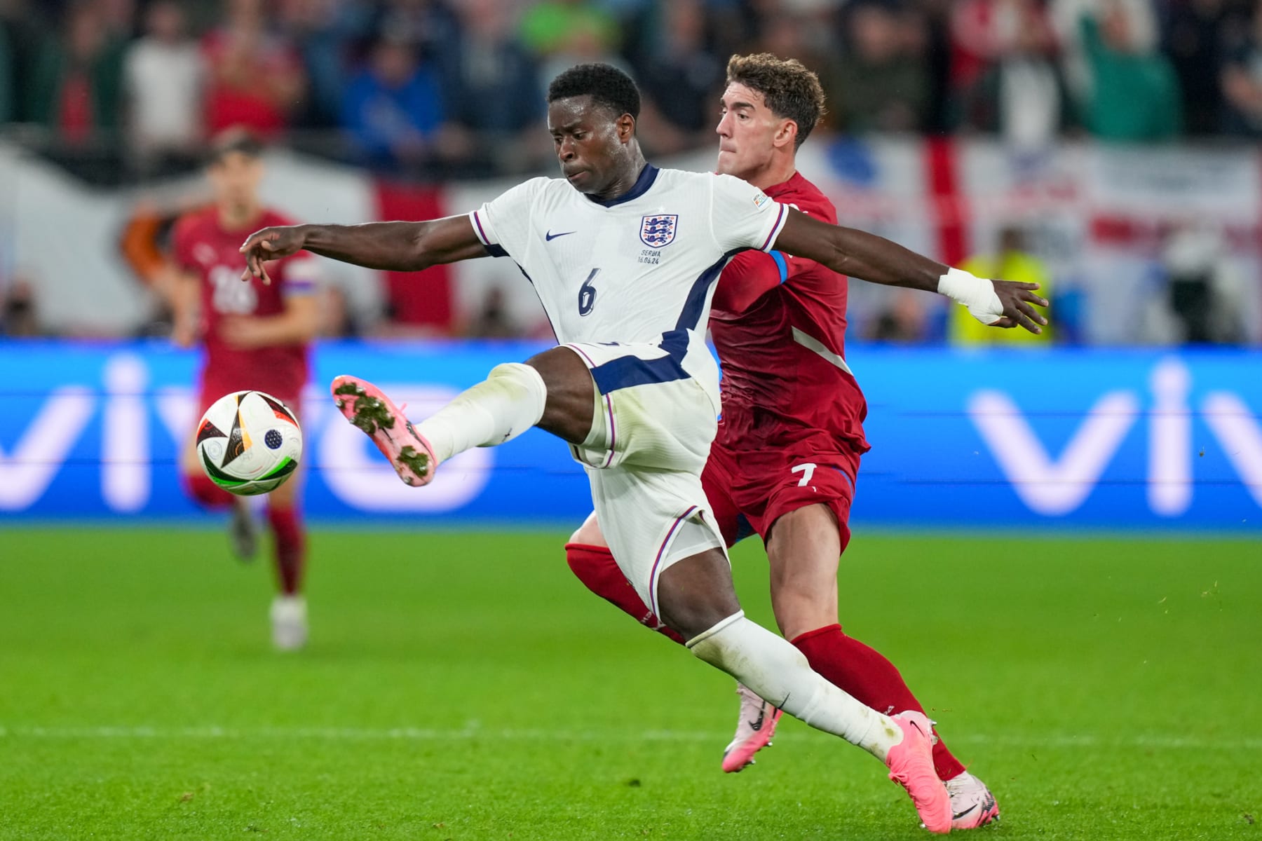 GELSENKIRCHEN, GERMANY - JUNE 16: Marc Guehi Stoper (6) of England in action during the 2024 European Football Championship (EURO 2024) Group C football match between Serbia and England at Arena AufSchalkein in Gelsenkirchen, Germany on June 16, 2024. (Photo by Emin Sansar/Anadolu via Getty Images)