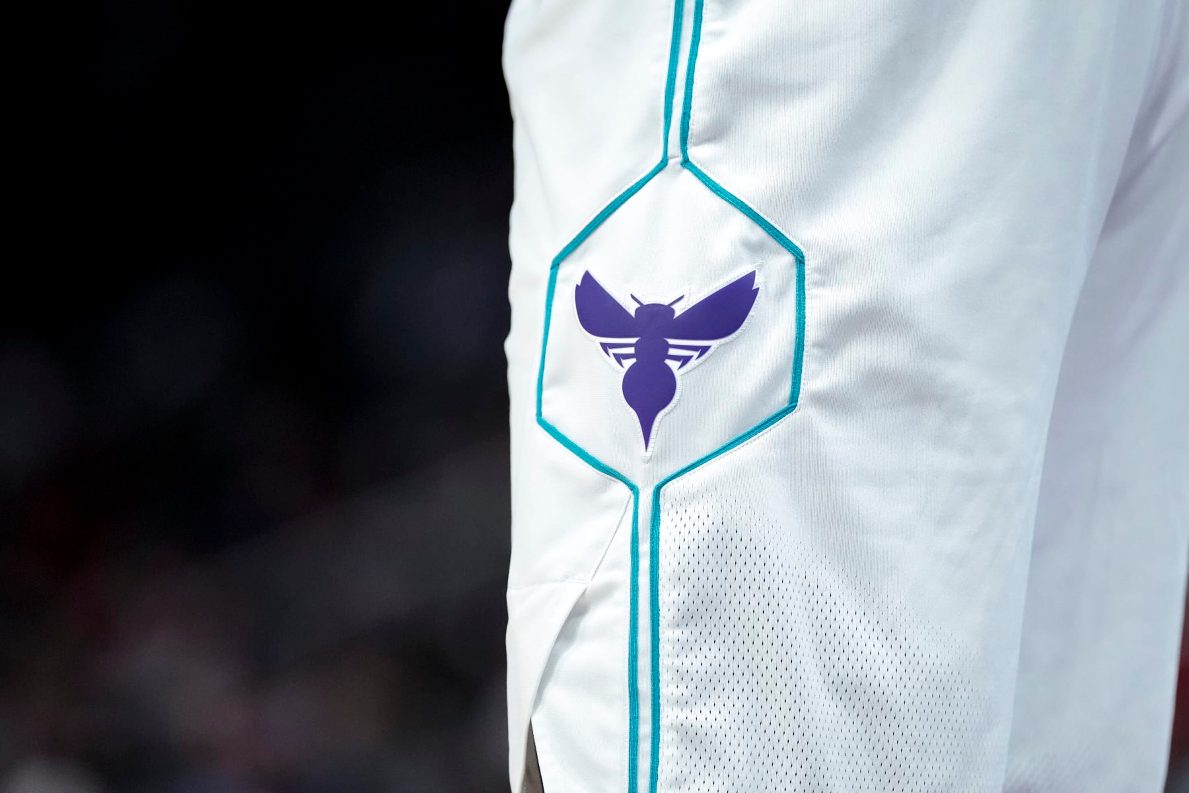 DETROIT, MICHIGAN - MARCH 11: The Charlotte Hornets logo on a uniform against the Detroit Pistons at Little Caesars Arena on March 11, 2024 in Detroit, Michigan. NOTE TO USER: User expressly acknowledges and agrees that, by downloading and or using this photograph, User is consenting to the terms and conditions of the Getty Images License Agreement. (Photo by Nic Antaya/Getty Images)
