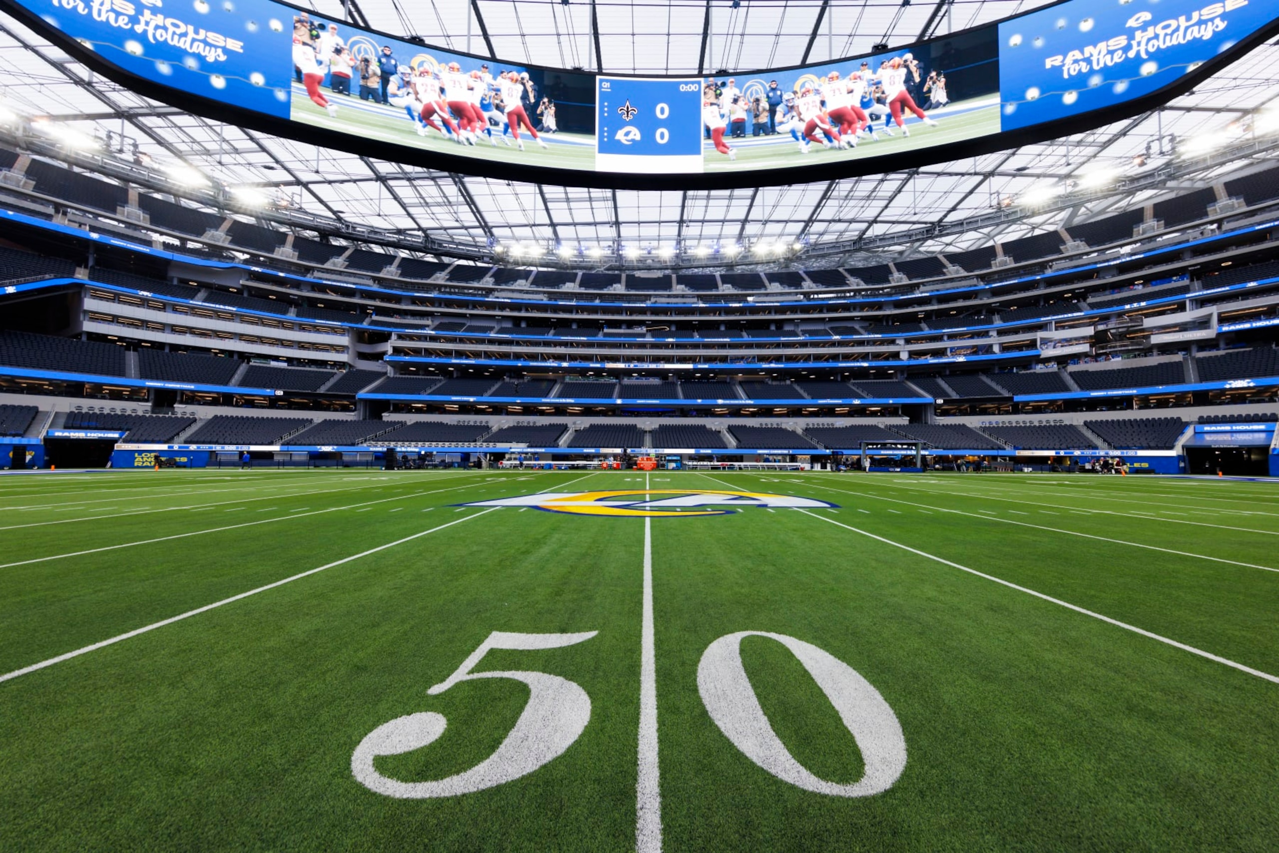 INGLEWOOD, CALIFORNIA - DECEMBER 21: A general view of the interior of SoFi Stadium with Los Angeles Rams logo painted on the field before a game against the New Orleans Saints at SoFi Stadium on December 21, 2023 in Inglewood, California. (Photo by Ric Tapia/Getty Images) INGLEWOOD, CALIFORNIA - DECEMBER 21: A general view of the interior of SoFi Stadium with Los Angeles Rams logo painted on the field before a game against the New Orleans Saints at SoFi Stadium on December 21, 2023 in Inglewood, California. (Photo by Ric Tapia/Getty Images)