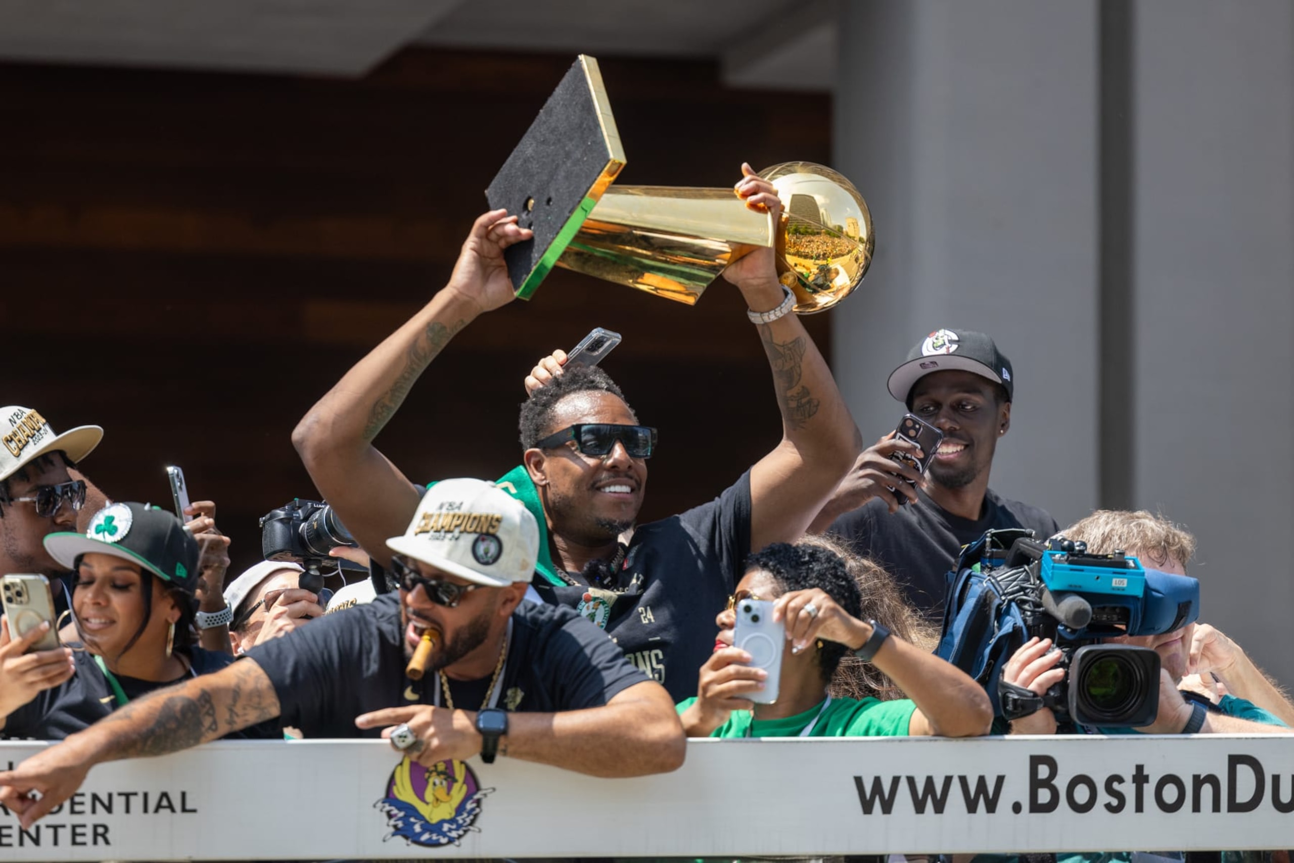 BOSTON, MASSACHUSETTS - JUNE 21: Former Boston Celtics player Paul Pierce during the Boston Celtics Victory Parade following their 2024 NBA Finals win at TD Garden on June 21, 2024 in Boston, Massachusetts. (Photo by Scott Eisen/Getty Images)