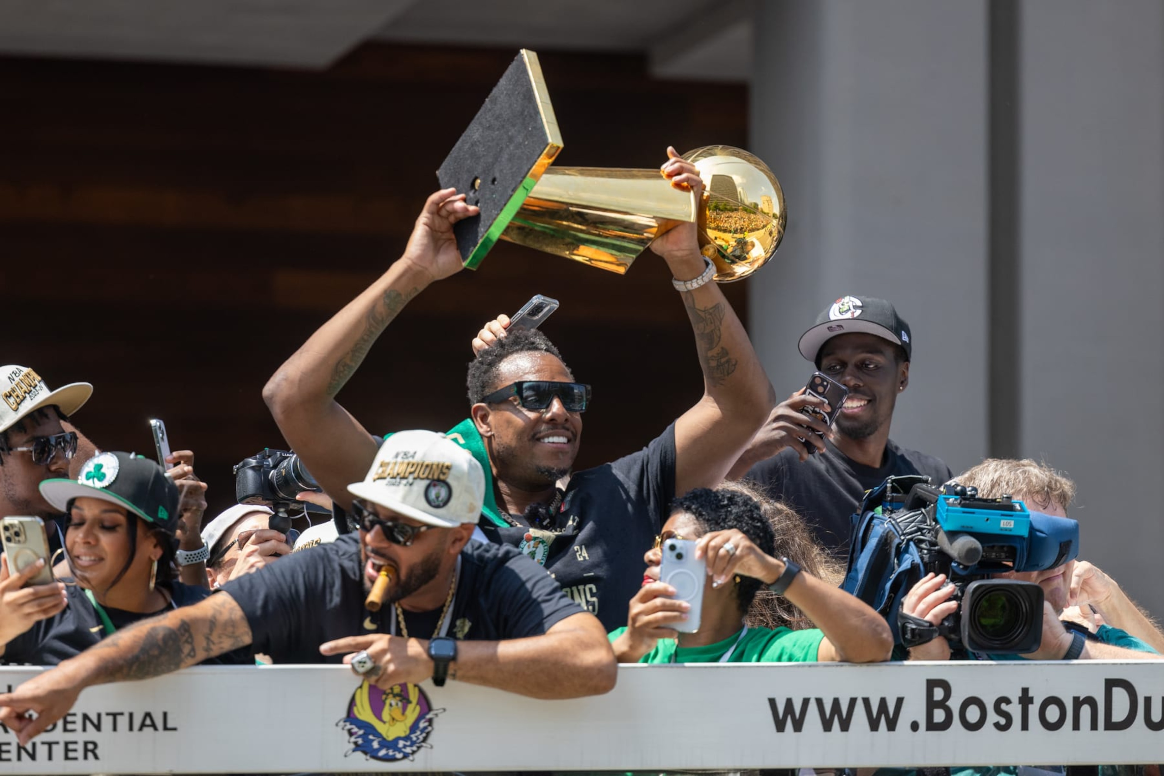 BOSTON, MASSACHUSETTS - JUNE 21: Former Boston Celtics player Paul Pierce during the Boston Celtics Victory Parade following their 2024 NBA Finals win at TD Garden on June 21, 2024 in Boston, Massachusetts. (Photo by Scott Eisen/Getty Images)