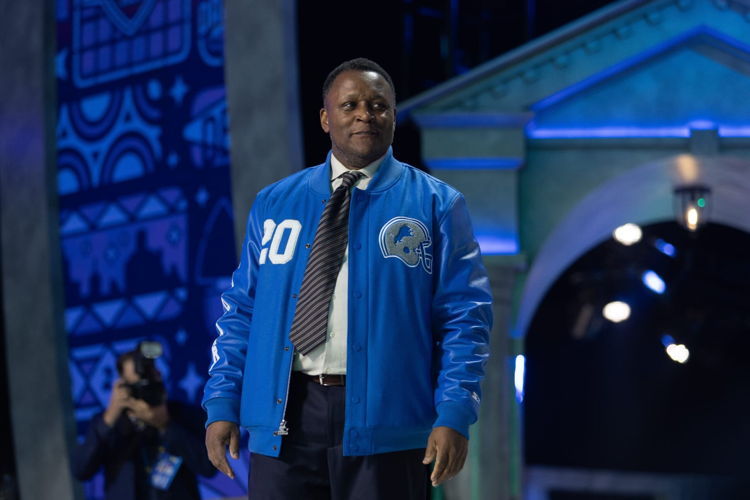 DETROIT, MI - APRIL 25: Detroit Lions Legend Barry Sanders during day 1 of the NFL Draft on April 25, 2024 at Fox Theatre in Detroit, MI. (Photo by John Smolek/Icon Sportswire via Getty Images)