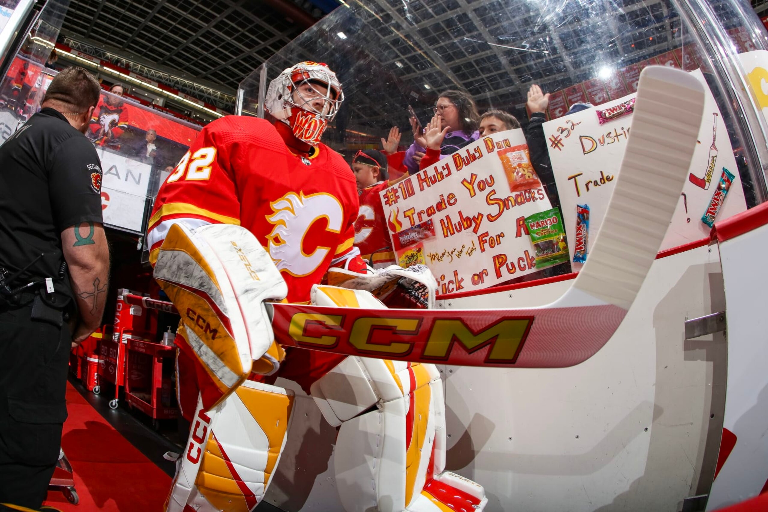 CALGARY, AB - APRIL 18: Dustin Wolf #32 of the Calgary Flames warms up against the San Jose Sharks at Scotiabank Saddledome on April 18, 2024 in Calgary, Alberta, Canada. (Photo by Gerry Thomas/NHLI via Getty Images) CALGARY, AB - APRIL 18: Dustin Wolf #32 of the Calgary Flames warms up against the San Jose Sharks at Scotiabank Saddledome on April 18, 2024 in Calgary, Alberta, Canada. (Photo by Gerry Thomas/NHLI via Getty Images)