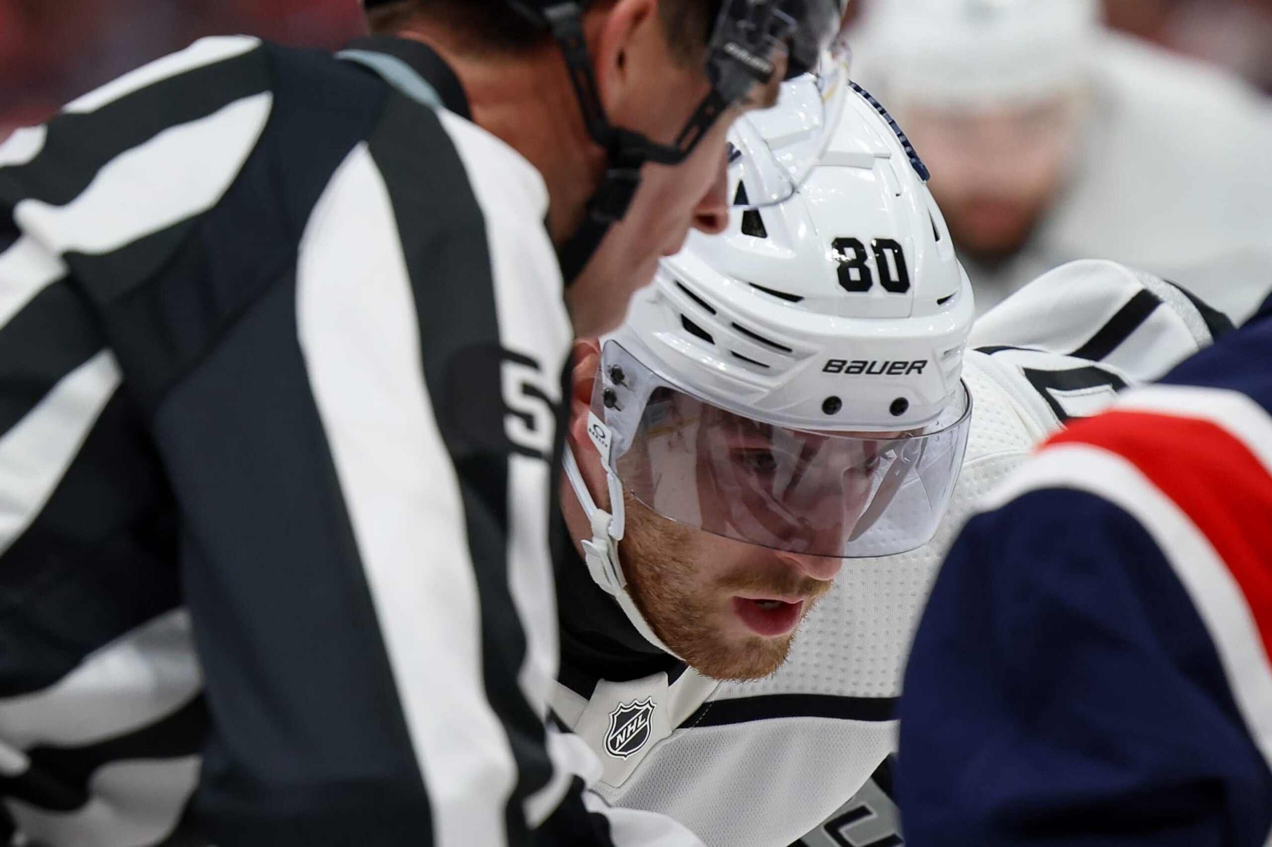 WASHINGTON, DC - JANUARY 7: Pierre-Luc Dubois #80 of the Los Angeles Kings gets set for a face-off agains the Washington Capitals during a game at Capital One Arena on January 7, 2024 in Washington, D.C. (Photo by John McCreary/NHLI via Getty Images) WASHINGTON, DC - JANUARY 7: Pierre-Luc Dubois #80 of the Los Angeles Kings gets set for a face-off agains the Washington Capitals during a game at Capital One Arena on January 7, 2024 in Washington, D.C. (Photo by John McCreary/NHLI via Getty Images)