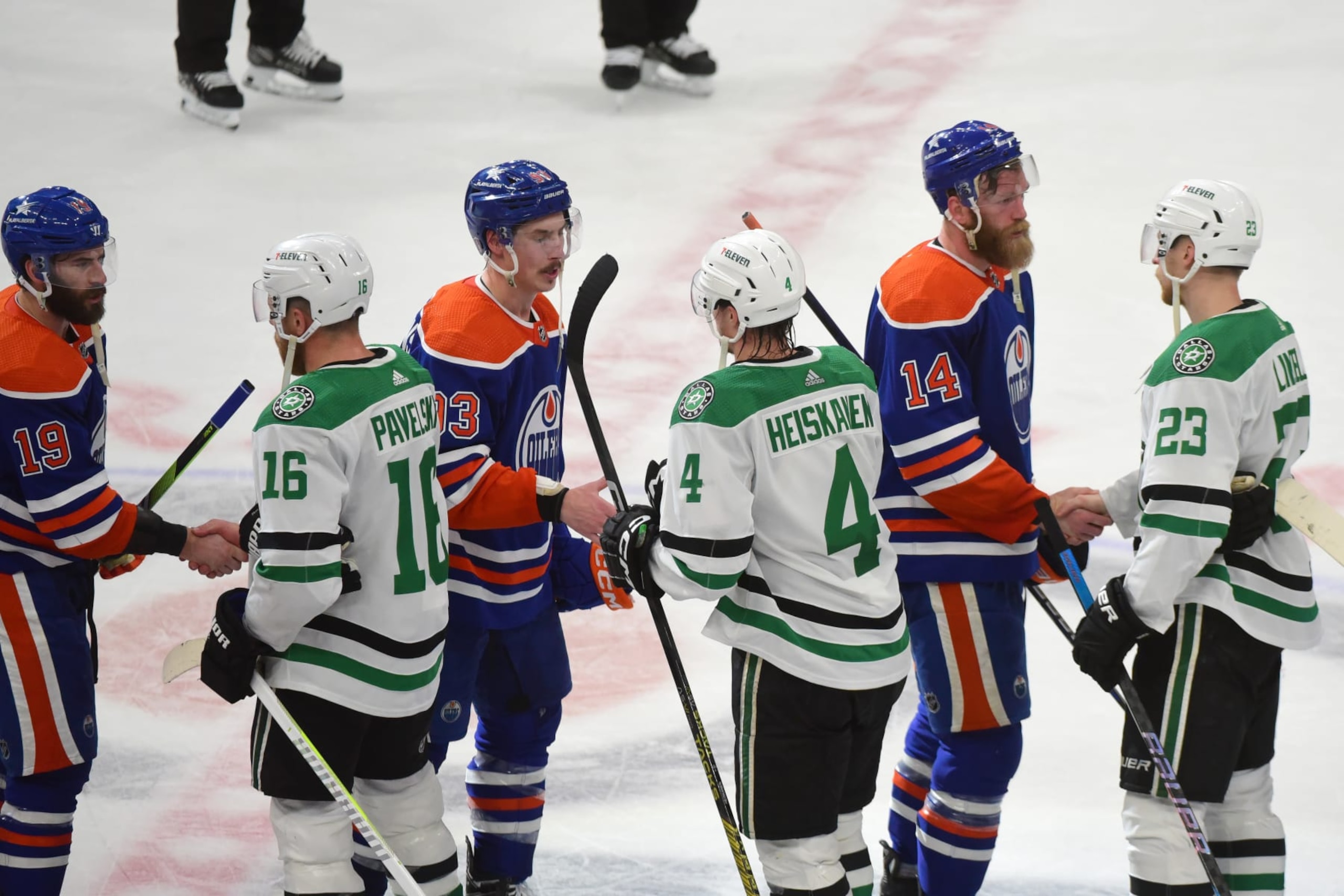 EDMONTON, CANADA JUNE 2: The Edmonton Oilers shake hands with the Dallas Stars after their win in Game Six of the Western Conference Final of the 2024 Stanley Cup Playoffs at Rogers Place on June 2, 2024, in Edmonton, Alberta, Canada. (Photo by Leila Devlin/Getty Images) *** Local Caption *** EDMONTON, CANADA JUNE 2: The Edmonton Oilers shake hands with the Dallas Stars after their win in Game Six of the Western Conference Final of the 2024 Stanley Cup Playoffs at Rogers Place on June 2, 2024, in Edmonton, Alberta, Canada. (Photo by Leila Devlin/Getty Images) *** Local Caption ***