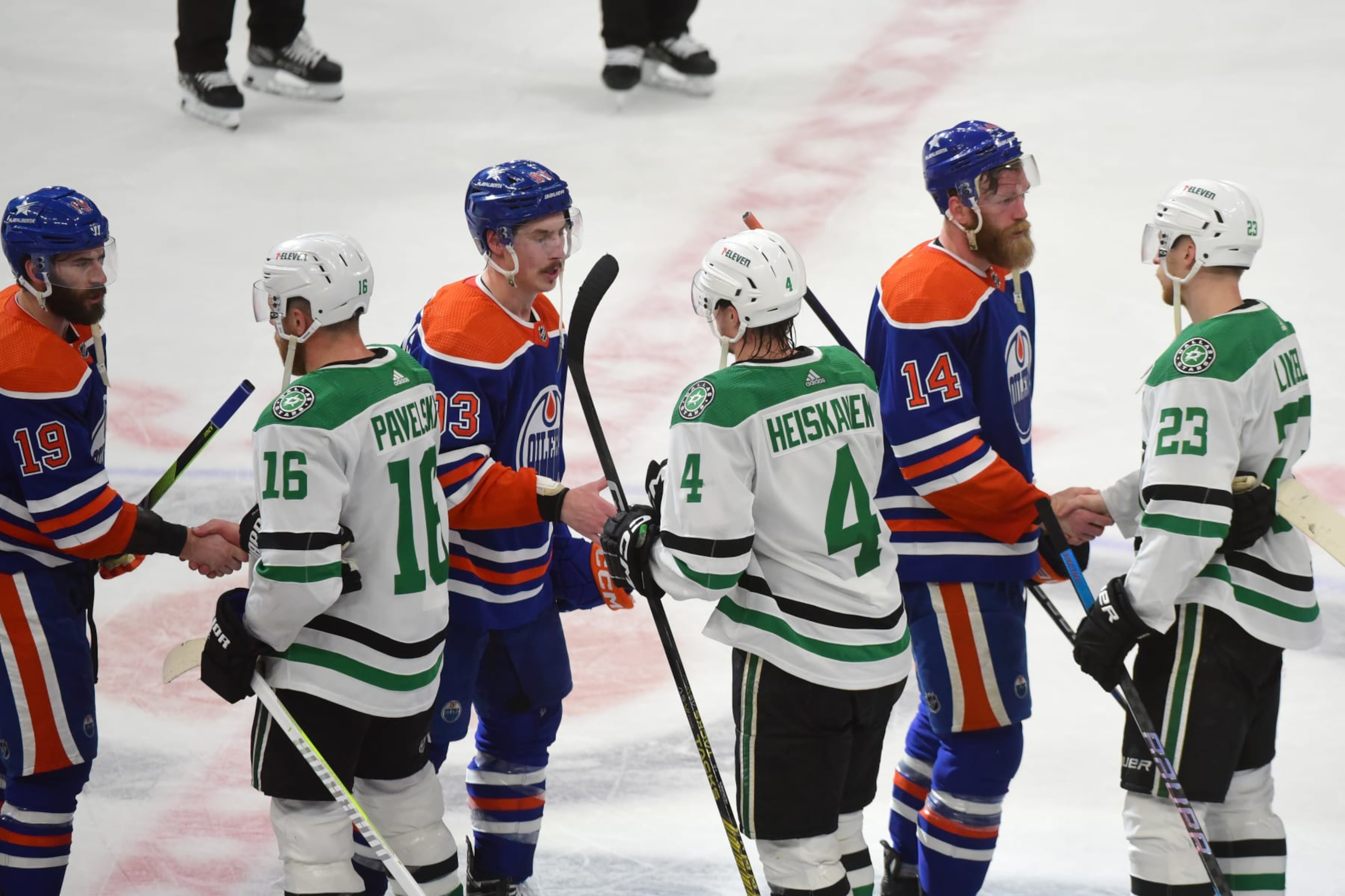 EDMONTON, CANADA JUNE 2: The Edmonton Oilers shake hands with the Dallas Stars after their win in Game Six of the Western Conference Final of the 2024 Stanley Cup Playoffs at Rogers Place on June 2, 2024, in Edmonton, Alberta, Canada. (Photo by Leila Devlin/Getty Images) *** Local Caption *** EDMONTON, CANADA JUNE 2: The Edmonton Oilers shake hands with the Dallas Stars after their win in Game Six of the Western Conference Final of the 2024 Stanley Cup Playoffs at Rogers Place on June 2, 2024, in Edmonton, Alberta, Canada. (Photo by Leila Devlin/Getty Images) *** Local Caption ***