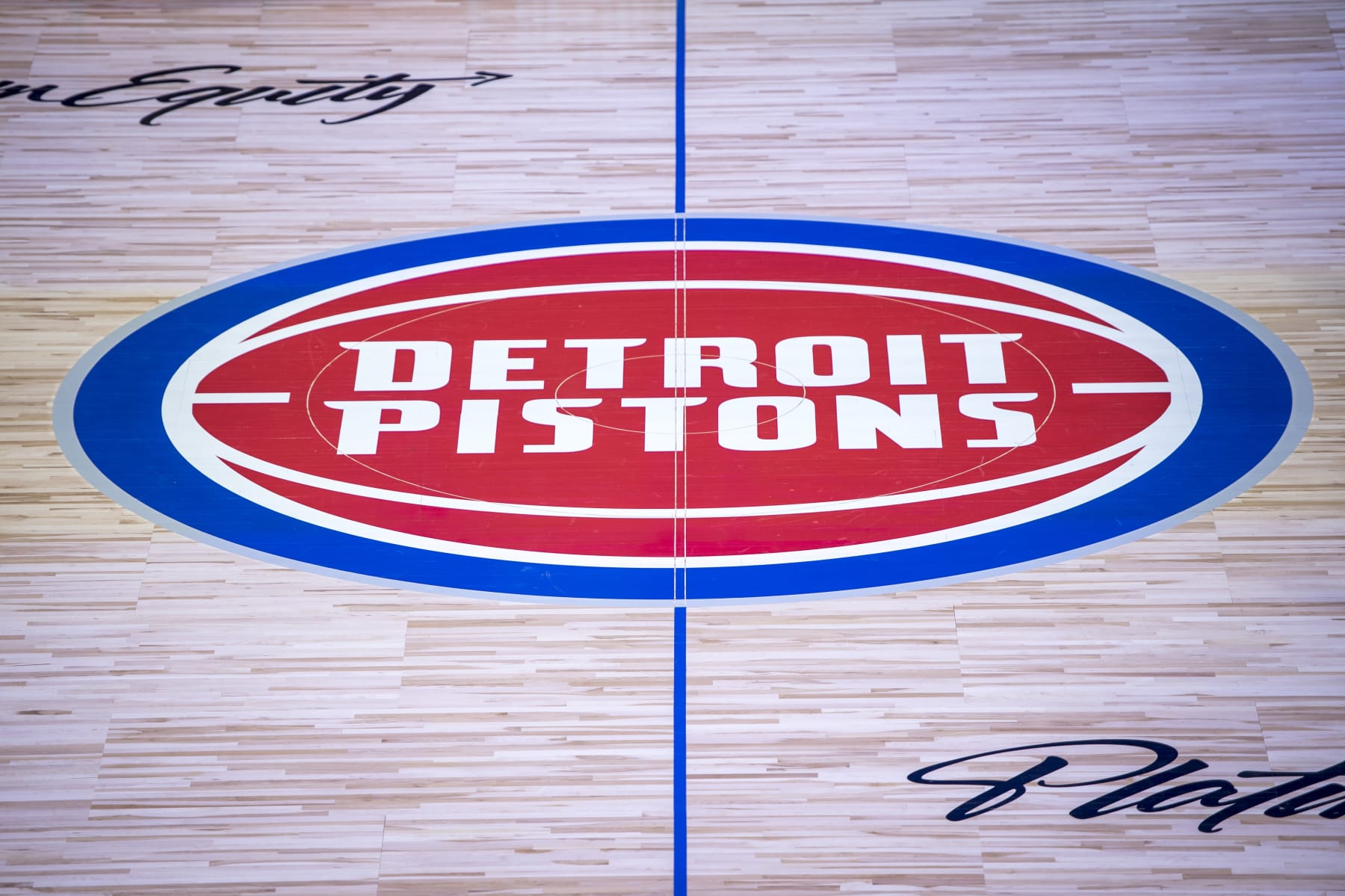 DETROIT, MICHIGAN - OCTOBER 30: The Detroit Pistons logo is pictured on the court before the game against the Orlando Magic at Little Caesars Arena on October 30, 2021 in Detroit, Michigan. NOTE TO USER: User expressly acknowledges and agrees that, by downloading and or using this photograph, User is consenting to the terms and conditions of the Getty Images License Agreement. (Photo by Nic Antaya/Getty Images)