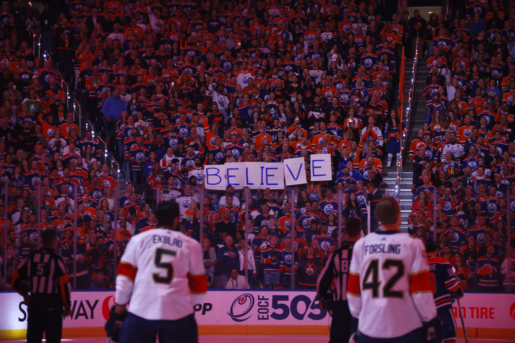 EDMONTON, ALBERTA - JUNE 21: Edmonton Oilers fans hold up a sign prior to Game Six of the 2024 Stanley Cup Final against the Florida Panthers at Rogers Place on June 21, 2024 in Edmonton, Alberta.  (Photo by Bruce Bennett/Getty Images)