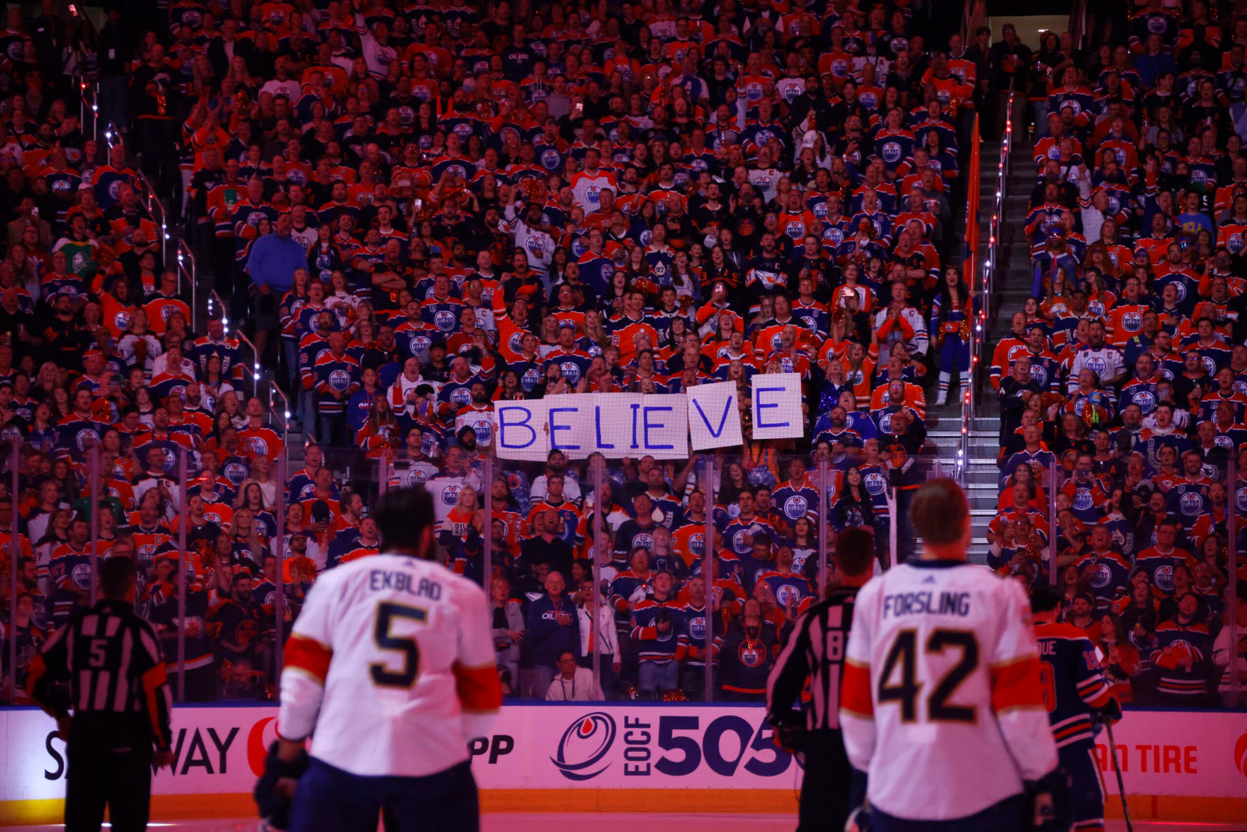 EDMONTON, ALBERTA - JUNE 21: Edmonton Oilers fans hold up a sign prior to Game Six of the 2024 Stanley Cup Final against the Florida Panthers at Rogers Place on June 21, 2024 in Edmonton, Alberta. (Photo by Bruce Bennett/Getty Images) EDMONTON, ALBERTA - JUNE 21: Edmonton Oilers fans hold up a sign prior to Game Six of the 2024 Stanley Cup Final against the Florida Panthers at Rogers Place on June 21, 2024 in Edmonton, Alberta. (Photo by Bruce Bennett/Getty Images)
