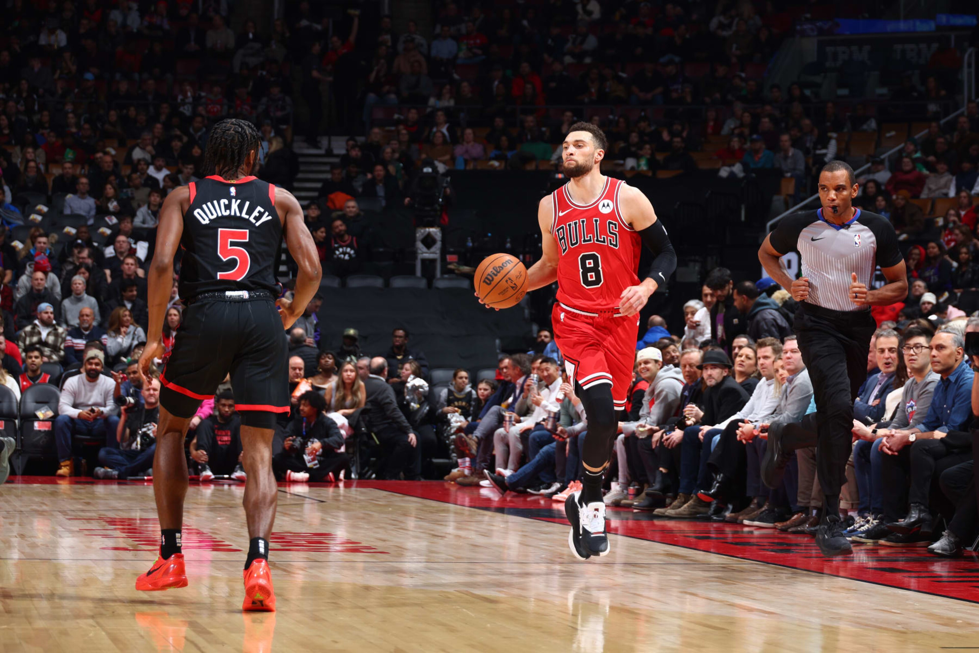 TORONTO, CANADA - JANUARY 18: Zach LaVine #8 of the Chicago Bulls dribbles the ball during the game against the Toronto Raptors on January 18, 2024 at the Scotiabank Arena in Toronto, Ontario, Canada. NOTE TO USER: User expressly acknowledges and agrees that, by downloading and or using this Photograph, user is consenting to the terms and conditions of the Getty Images License Agreement. Mandatory Copyright Notice: Copyright 2024 NBAE (Photo by Vaughn Ridley/NBAE via Getty Images) TORONTO, CANADA - JANUARY 18: Zach LaVine #8 of the Chicago Bulls dribbles the ball during the game against the Toronto Raptors on January 18, 2024 at the Scotiabank Arena in Toronto, Ontario, Canada. NOTE TO USER: User expressly acknowledges and agrees that, by downloading and or using this Photograph, user is consenting to the terms and conditions of the Getty Images License Agreement. Mandatory Copyright Notice: Copyright 2024 NBAE (Photo by Vaughn Ridley/NBAE via Getty Images)