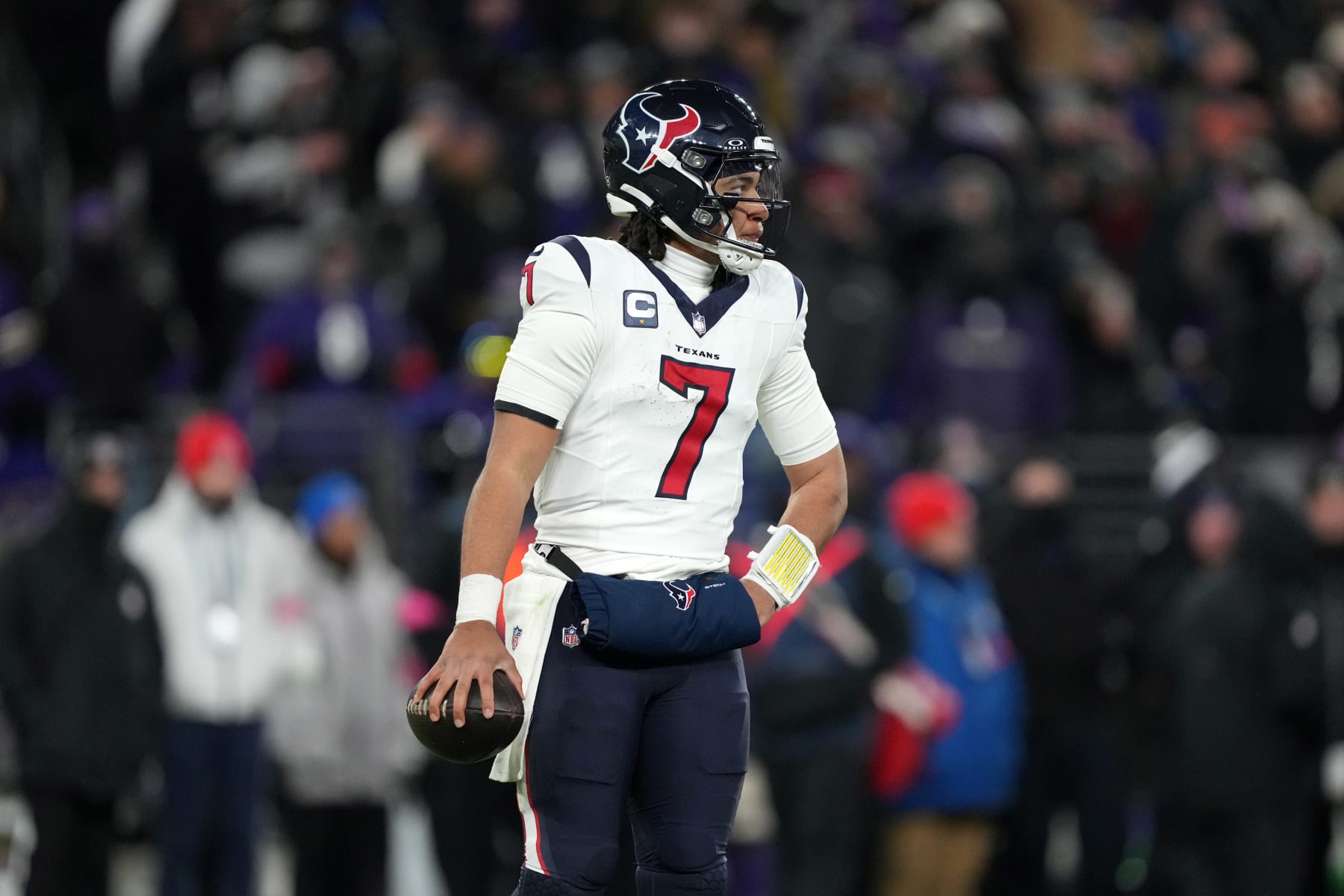 BALTIMORE, MARYLAND, JANUARY 20: Quarterback C.J. Stroud #7 of the Houston Texans reacts against the Baltimore Ravens in the AFC Divisional Playoff game at M&T Bank Stadium on January 20, 2024 in Baltimore, Maryland. The Ravens defeated the Texans 34-10. (Photo by Kirby Lee/Getty Images)