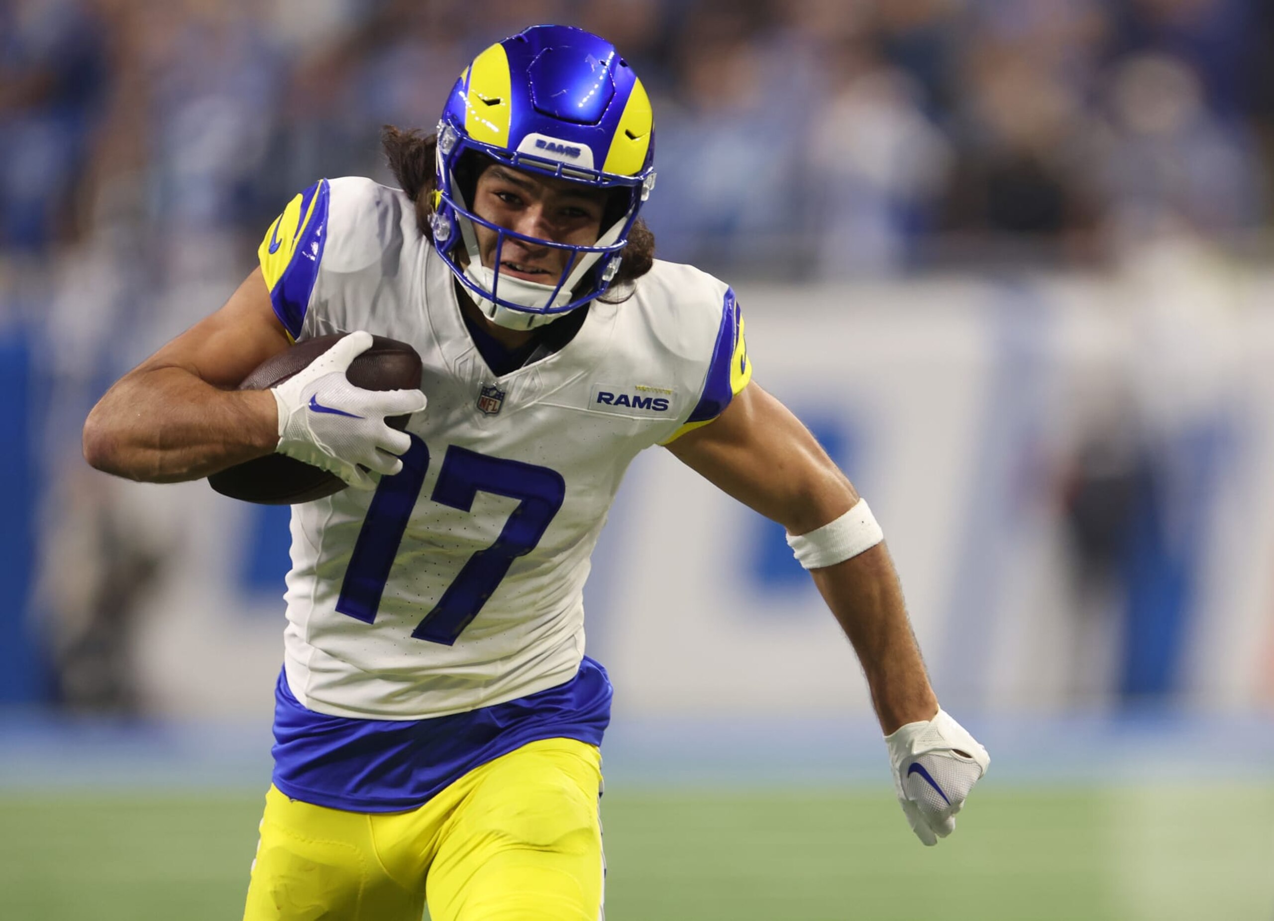 DETROIT, MICHIGAN - JANUARY 14: Puka Nacua #17 of the Los Angeles Rams plays against Detroit Lions during a NFC Wild Card Playoff game at Ford Field on January 14, 2024 in Detroit, Michigan. (Photo by Gregory Shamus/Getty Images)