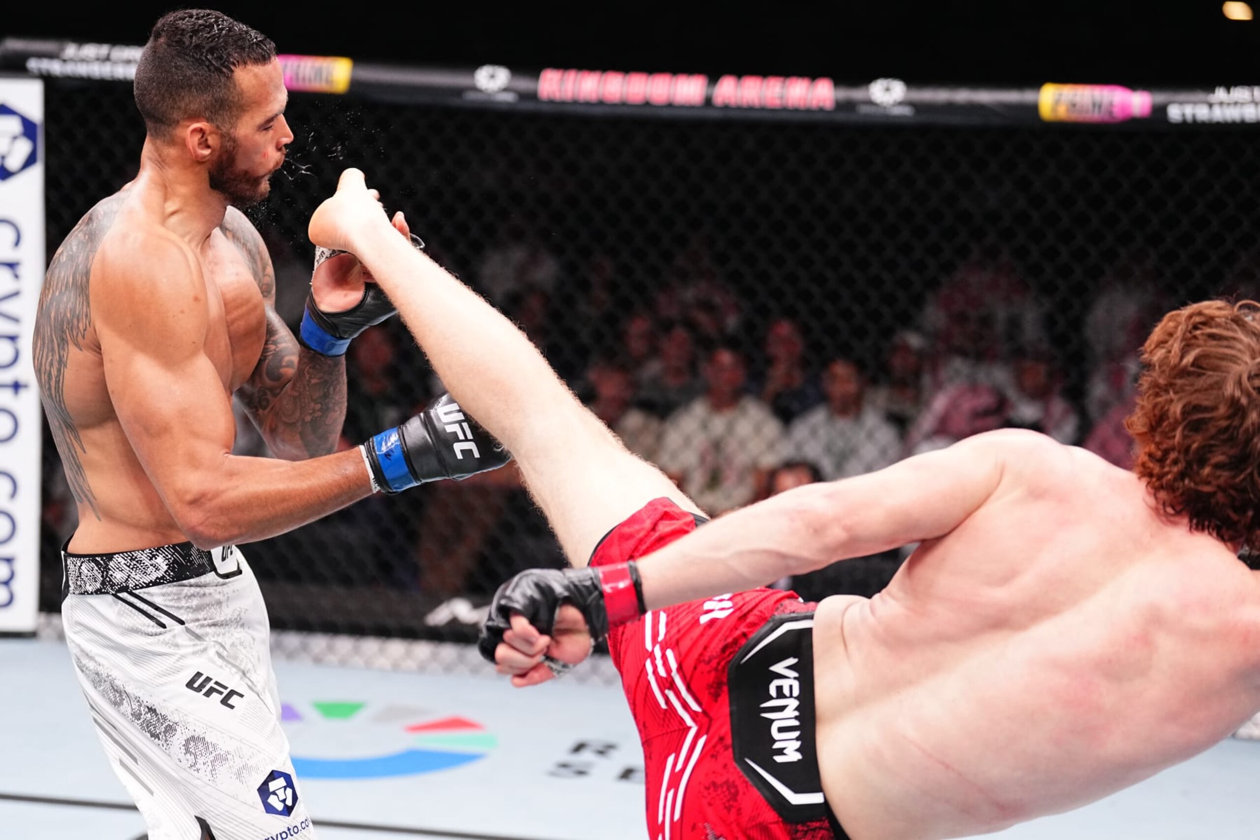 RIYADH, SAUDI ARABIA - JUNE 22: (R-L) Shara Magomedov of Russia kicks Antonio Trocoli of Brazil in a middleweight fight during the UFC Fight Night event at Kingdom Arena on June 22, 2024 in Riyadh, Saudi Arabia. (Photo by Chris Unger/Zuffa LLC via Getty Images) RIYADH, SAUDI ARABIA - JUNE 22: (R-L) Shara Magomedov of Russia kicks Antonio Trocoli of Brazil in a middleweight fight during the UFC Fight Night event at Kingdom Arena on June 22, 2024 in Riyadh, Saudi Arabia. (Photo by Chris Unger/Zuffa LLC via Getty Images)