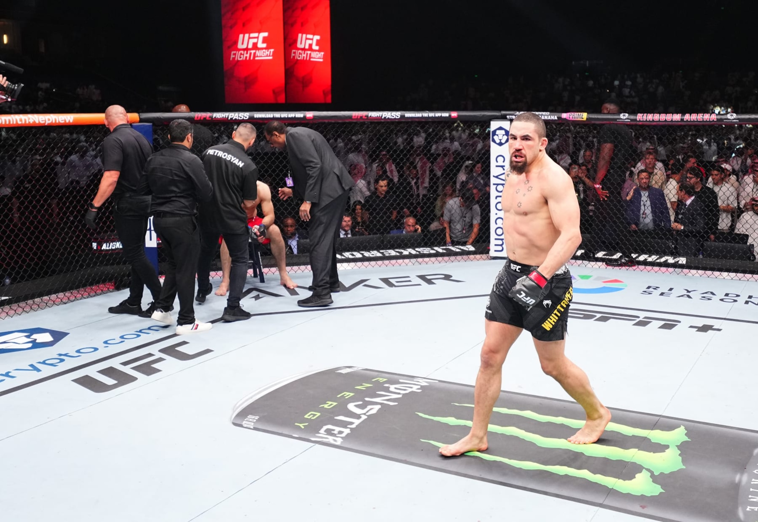 RIYADH, SAUDI ARABIA - JUNE 22: Robert Whittaker of New Zealand reacts after his victory against Ikram Aliskerov of Russia in a middleweight fight during the UFC Fight Night event at Kingdom Arena on June 22, 2024 in Riyadh, Saudi Arabia. (Photo by Chris Unger/Zuffa LLC via Getty Images) RIYADH, SAUDI ARABIA - JUNE 22: Robert Whittaker of New Zealand reacts after his victory against Ikram Aliskerov of Russia in a middleweight fight during the UFC Fight Night event at Kingdom Arena on June 22, 2024 in Riyadh, Saudi Arabia. (Photo by Chris Unger/Zuffa LLC via Getty Images)