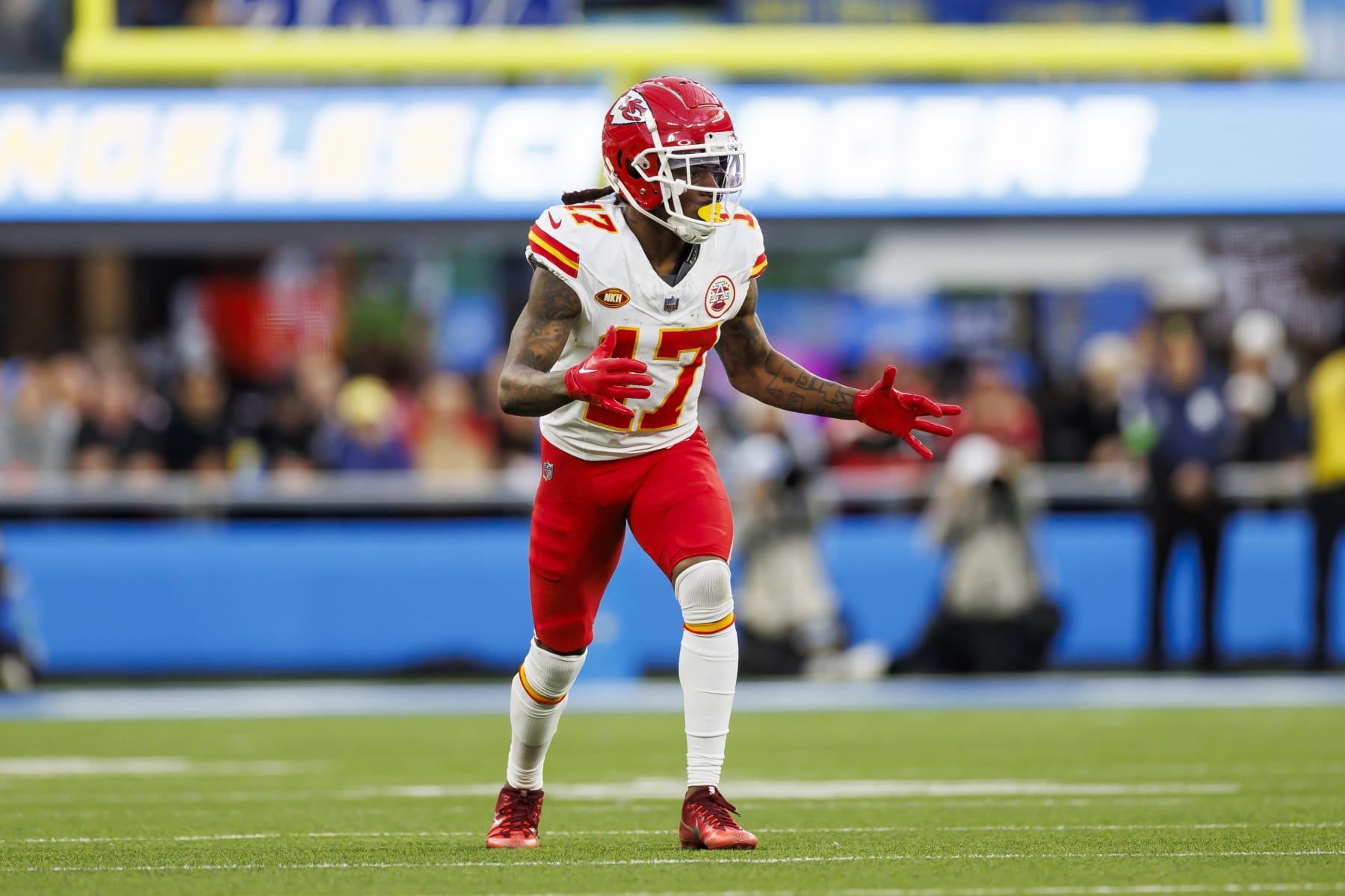 INGLEWOOD, CALIFORNIA - JANUARY 07: Richie James #17 of the Kansas City Chiefs runs a route during an NFL football game against the Los Angeles Chargers at SoFi Stadium on January 7, 2024 in Inglewood, California. (Photo by Ryan Kang/Getty Images)