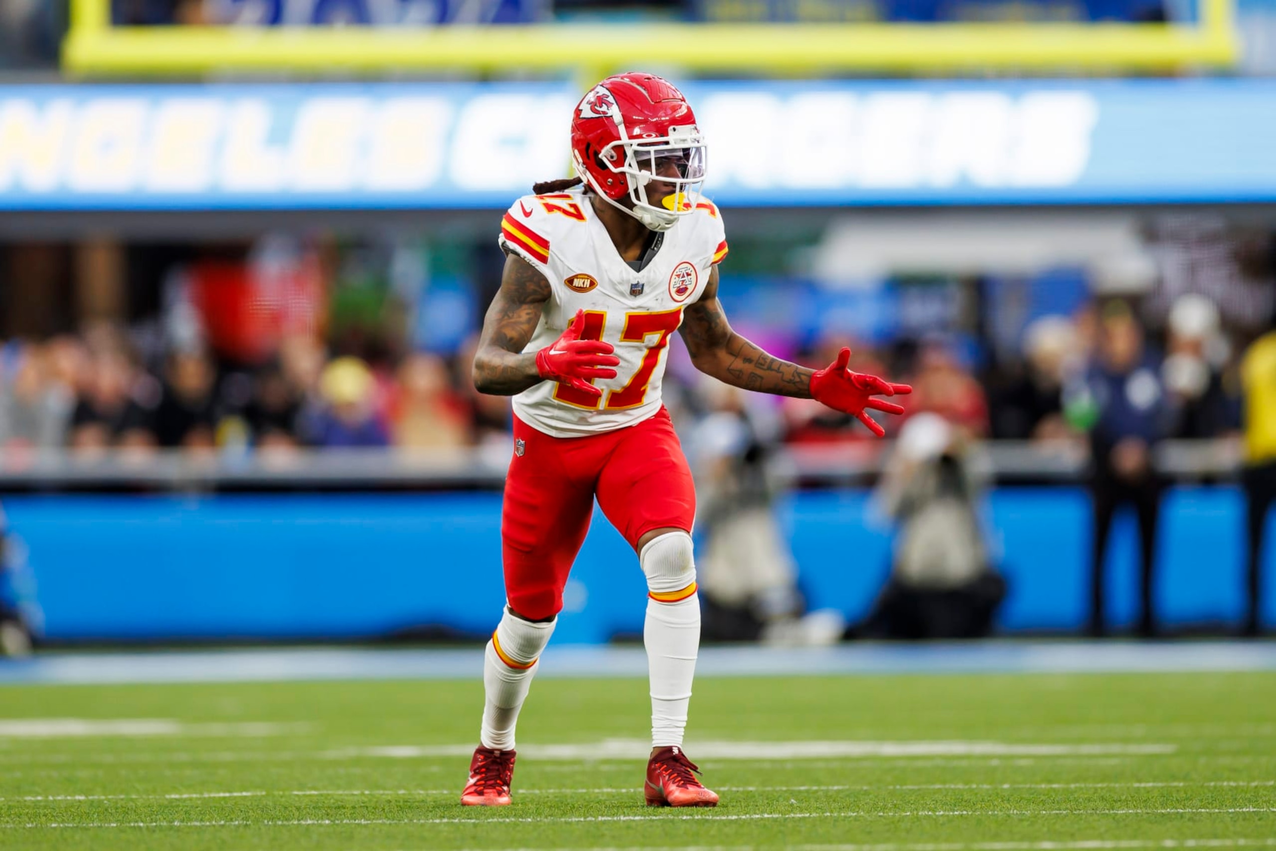 INGLEWOOD, CALIFORNIA - JANUARY 07: Richie James #17 of the Kansas City Chiefs runs a route during an NFL football game against the Los Angeles Chargers at SoFi Stadium on January 7, 2024 in Inglewood, California. (Photo by Ryan Kang/Getty Images)