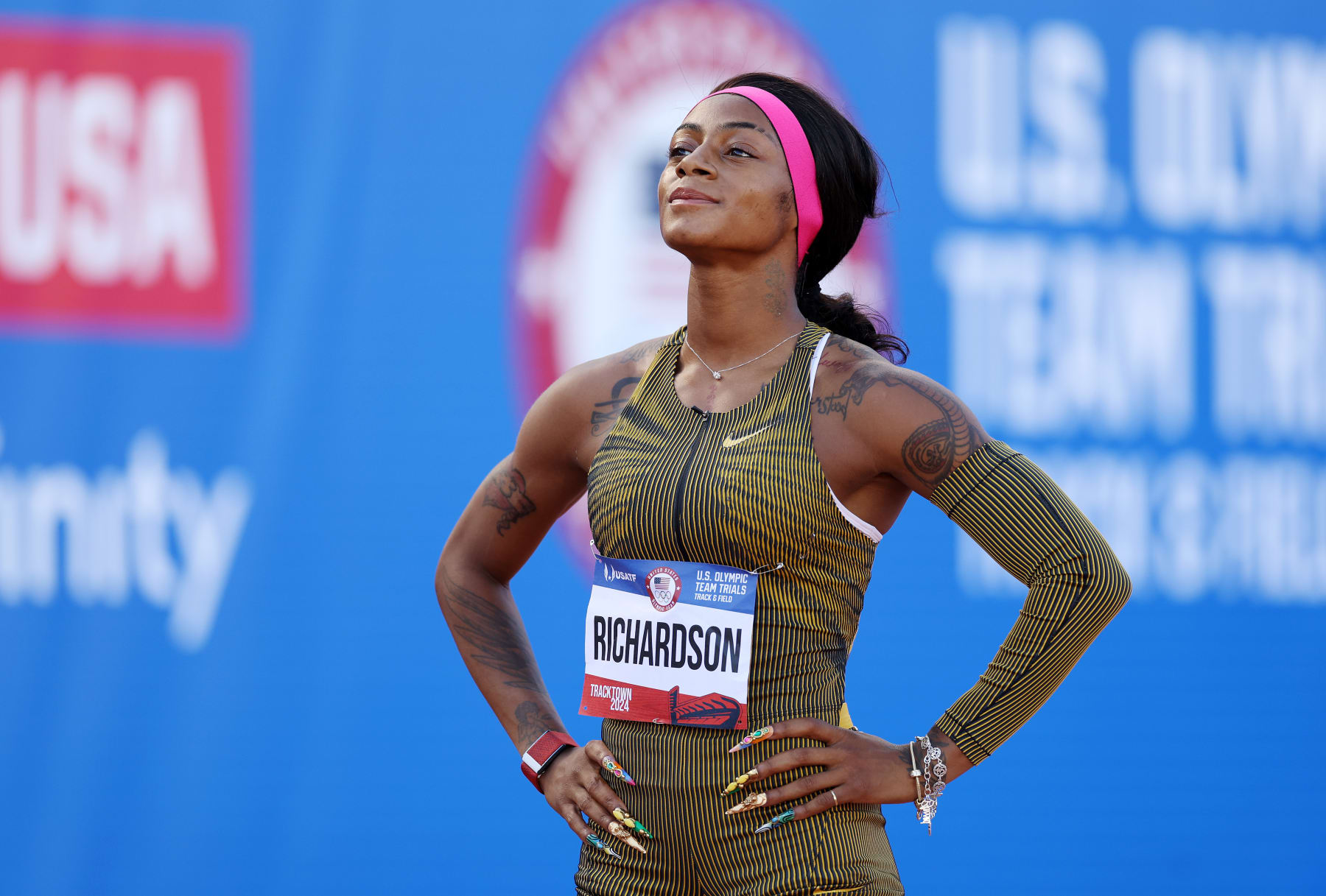 EUGENE, OREGON - JUNE 22: Sha'Carri Richardson looks on ahead of competing in the women's 100 meter dash semi-final on Day Two of the 2024 U.S. Olympic Team Track & Field Trials at Hayward Field on June 22, 2024 in Eugene, Oregon. (Photo by Christian Petersen/Getty Images)