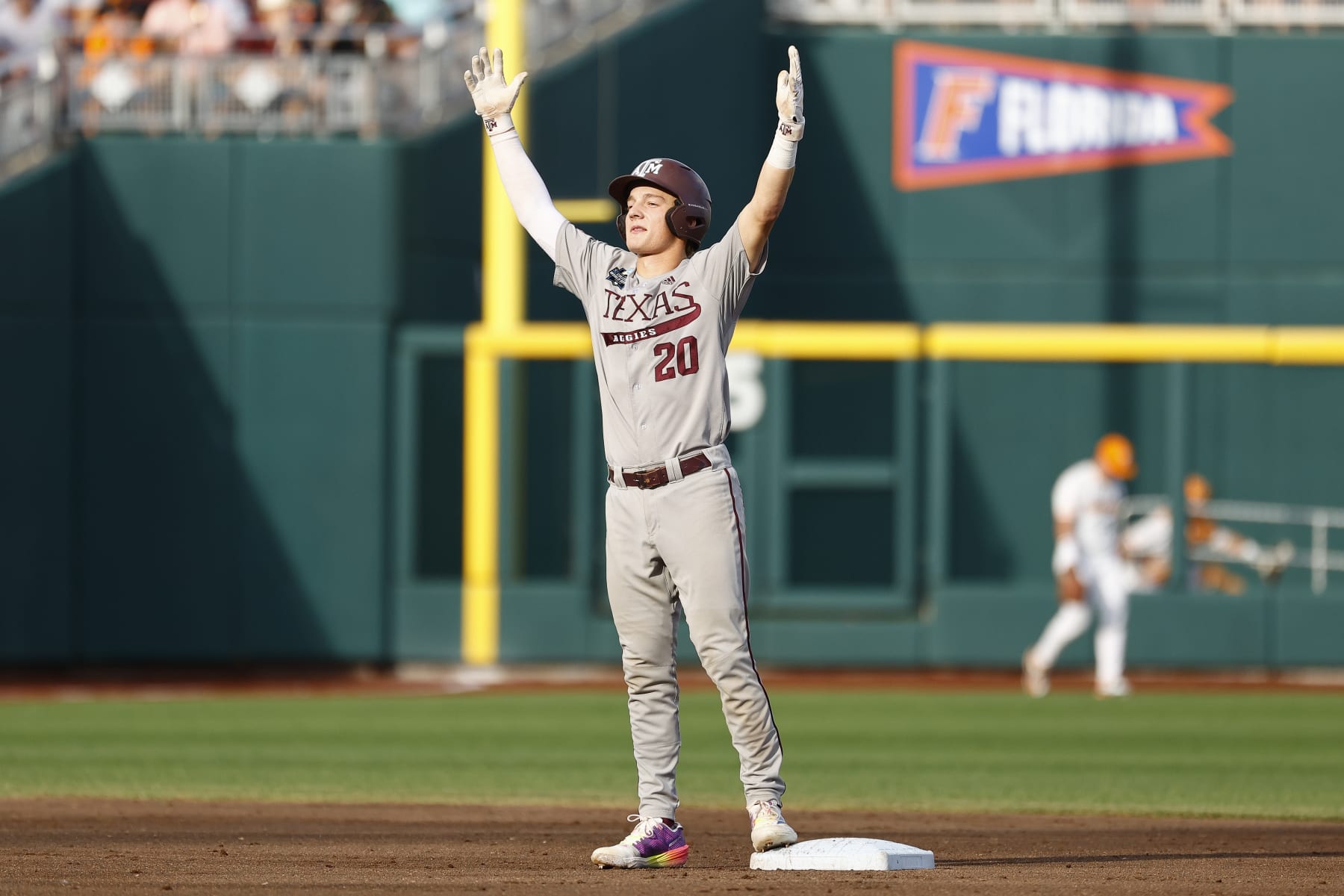 OMAHA, NEBRASKA - JUNE 22: Jackson Appel #20 of the Texas A&M Aggies celebrates a double against the Tennessee Volunteers during the Division I Men's Baseball Championship held at Charles Schwab Field on June 22, 2024 in Omaha, Nebraska.  (Photo by C. Morgan Engel/NCAA Photos via Getty Images)