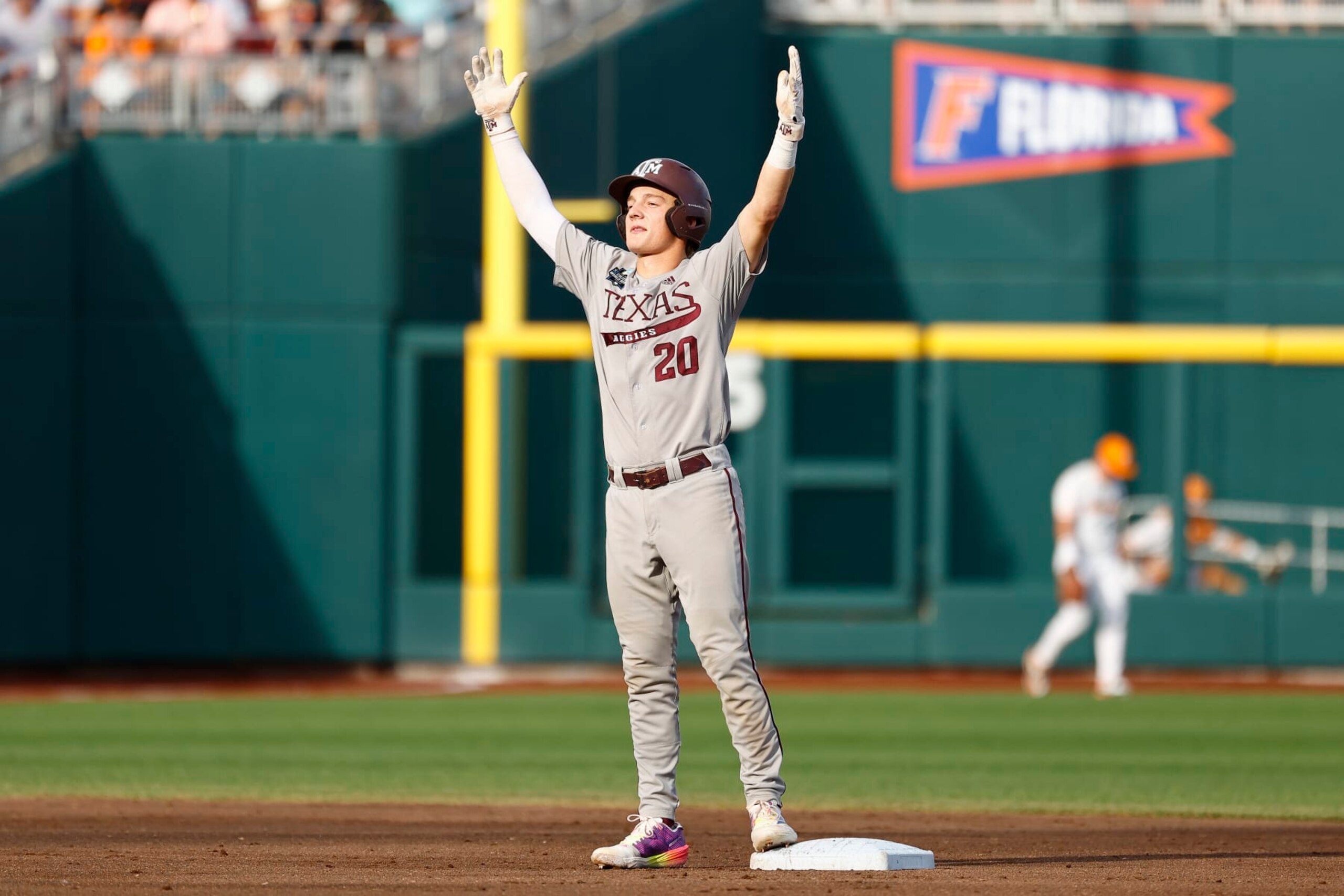 OMAHA, NEBRASKA - JUNE 22: Jackson Appel #20 of the Texas A&M Aggies celebrates a double against the Tennessee Volunteers during the Division I Men's Baseball Championship held at Charles Schwab Field on June 22, 2024 in Omaha, Nebraska. (Photo by C. Morgan Engel/NCAA Photos via Getty Images) OMAHA, NEBRASKA - JUNE 22: Jackson Appel #20 of the Texas A&M Aggies celebrates a double against the Tennessee Volunteers during the Division I Men's Baseball Championship held at Charles Schwab Field on June 22, 2024 in Omaha, Nebraska. (Photo by C. Morgan Engel/NCAA Photos via Getty Images)