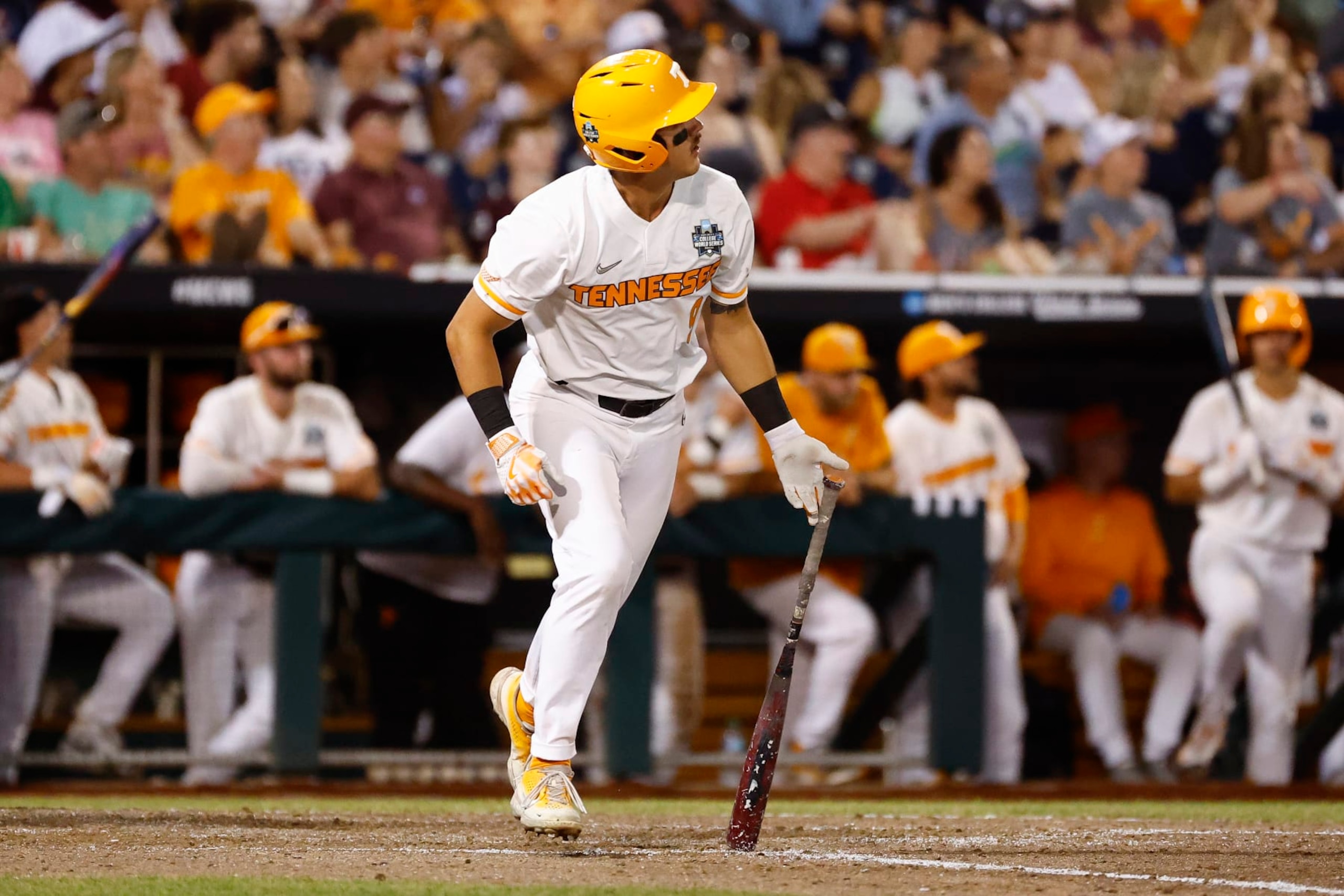OMAHA, NEBRASKA - JUNE 22: Hunter Ensley #9 of the Tennessee Volunteers hits a home run against the Texas A&M Aggies during the Division I Men's Baseball Championship held at Charles Schwab Field on June 22, 2024 in Omaha, Nebraska. (Photo by C. Morgan Engel/NCAA Photos via Getty Images) OMAHA, NEBRASKA - JUNE 22: Hunter Ensley #9 of the Tennessee Volunteers hits a home run against the Texas A&M Aggies during the Division I Men's Baseball Championship held at Charles Schwab Field on June 22, 2024 in Omaha, Nebraska. (Photo by C. Morgan Engel/NCAA Photos via Getty Images)
