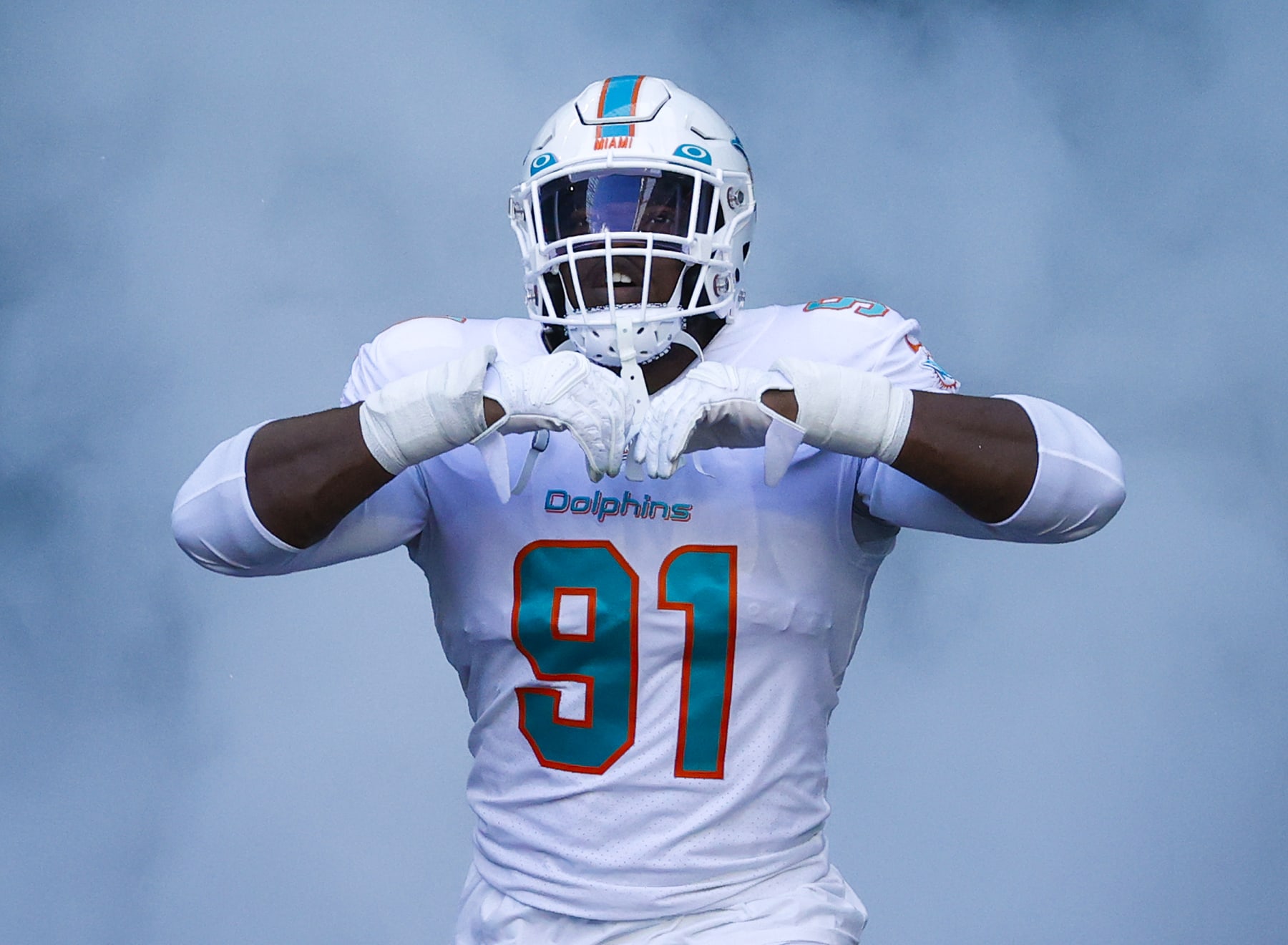 MIAMI GARDENS, FL - NOVEMBER 13: Emmanuel Ogbah #91 of the Miami Dolphins is introduced prior to the game against the Cleveland Browns at Hard Rock Stadium on November 13, 2022 in Miami Gardens, Florida. (Photo by Joel Auerbach/Getty Images)