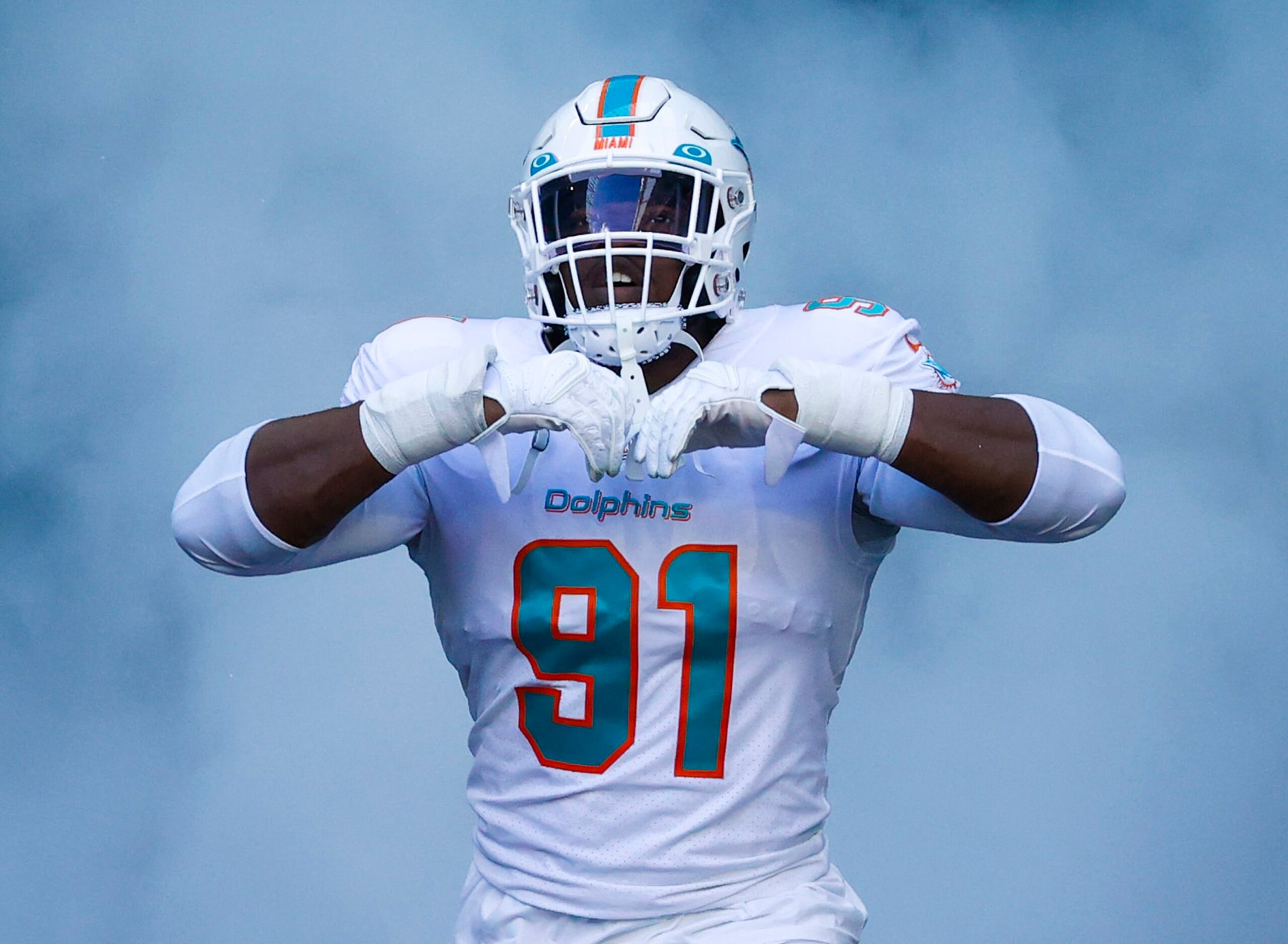 MIAMI GARDENS, FL - NOVEMBER 13: Emmanuel Ogbah #91 of the Miami Dolphins is introduced prior to the game against the Cleveland Browns at Hard Rock Stadium on November 13, 2022 in Miami Gardens, Florida. (Photo by Joel Auerbach/Getty Images) MIAMI GARDENS, FL - NOVEMBER 13: Emmanuel Ogbah #91 of the Miami Dolphins is introduced prior to the game against the Cleveland Browns at Hard Rock Stadium on November 13, 2022 in Miami Gardens, Florida. (Photo by Joel Auerbach/Getty Images)